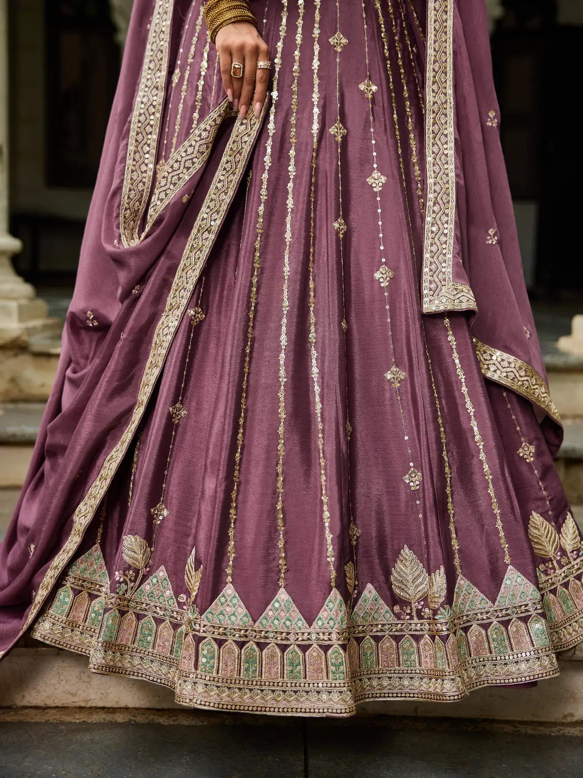 Tarani violet georgette lehenga closeup of embroidery border and detailing