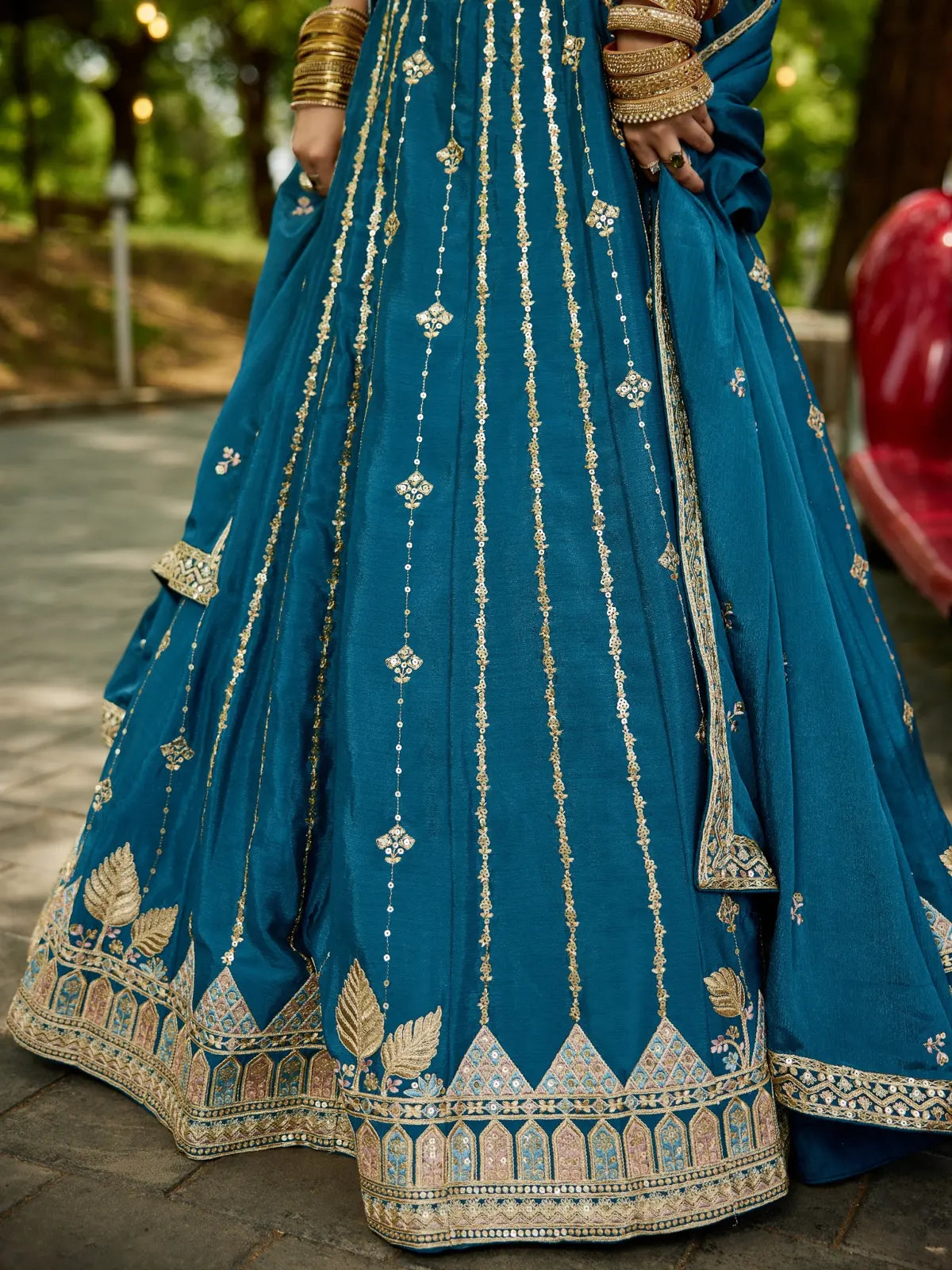 Tarani violet georgette lehenga closeup embroidery and golden border detailing