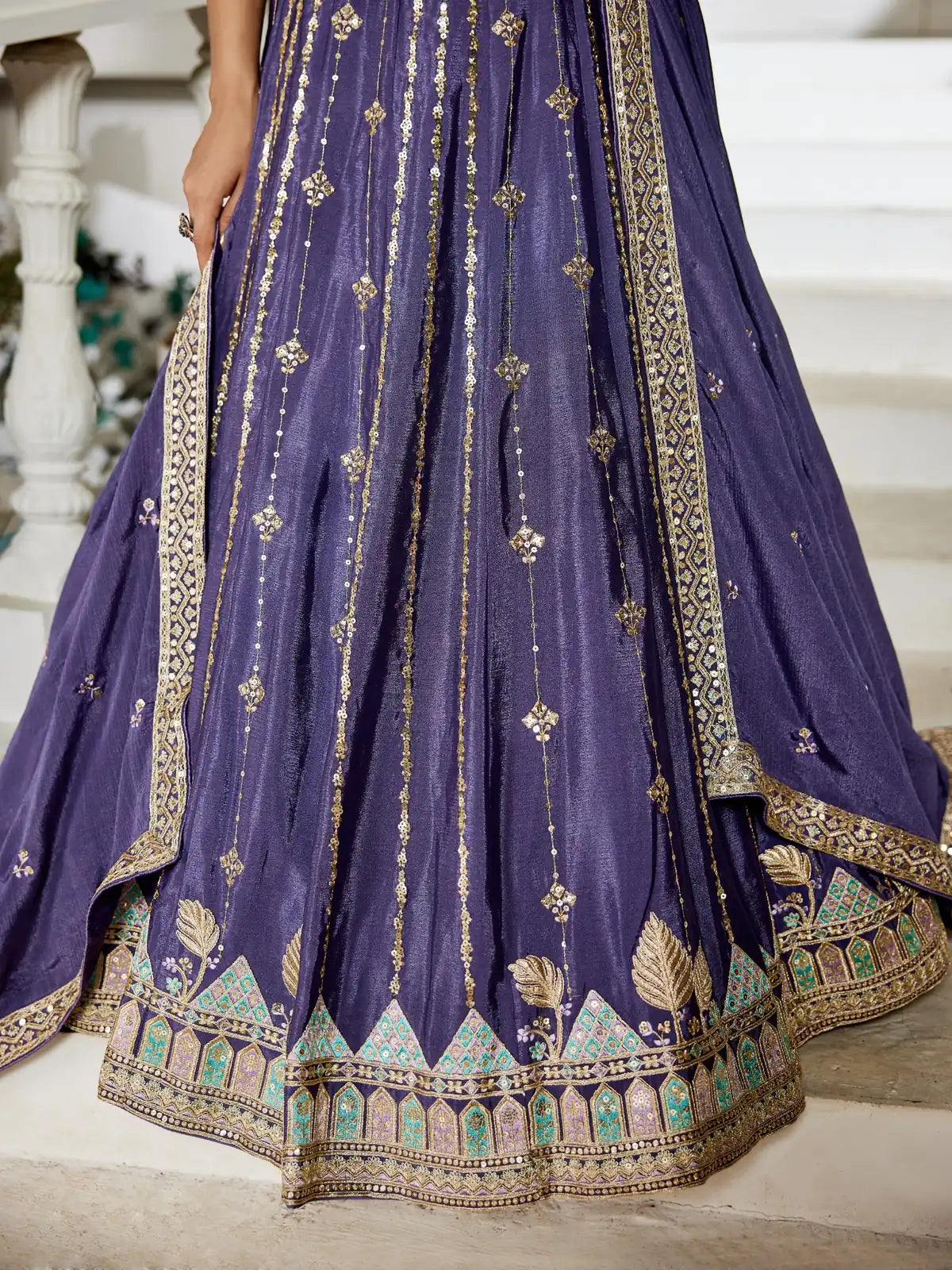 Tarani violet georgette lehenga closeup view showing sequin and thread embroidery details