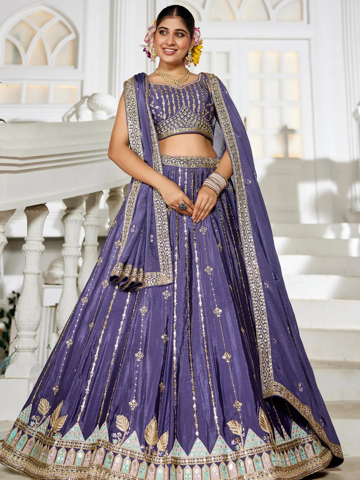 Tarani premium violet georgette lehenga full view with sequin embroidery and dupatta