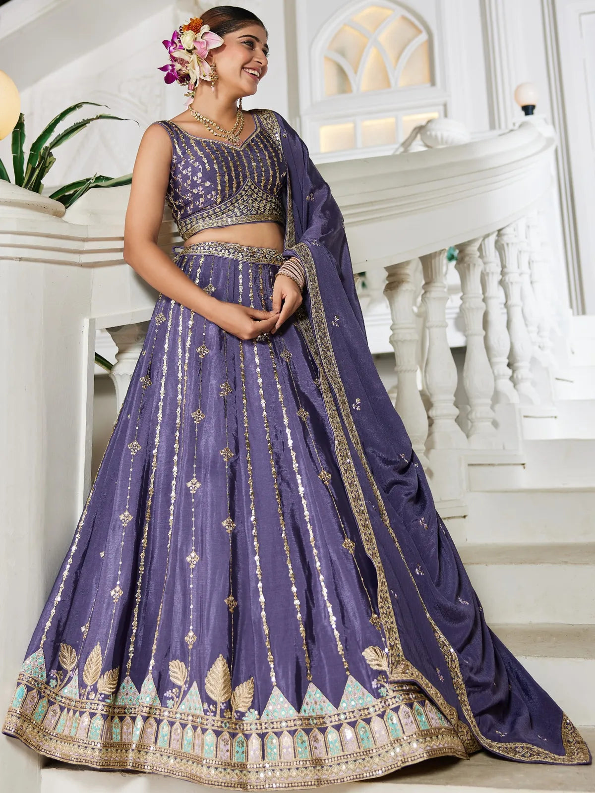 Tarani violet georgette lehenga side view highlighting flared design and ethnic dupatta