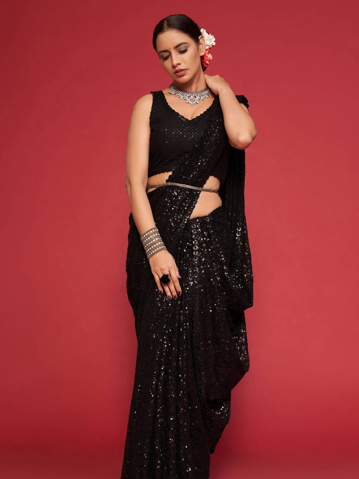 Tarani black embroidered georgette saree front pose for carnival and festive wear