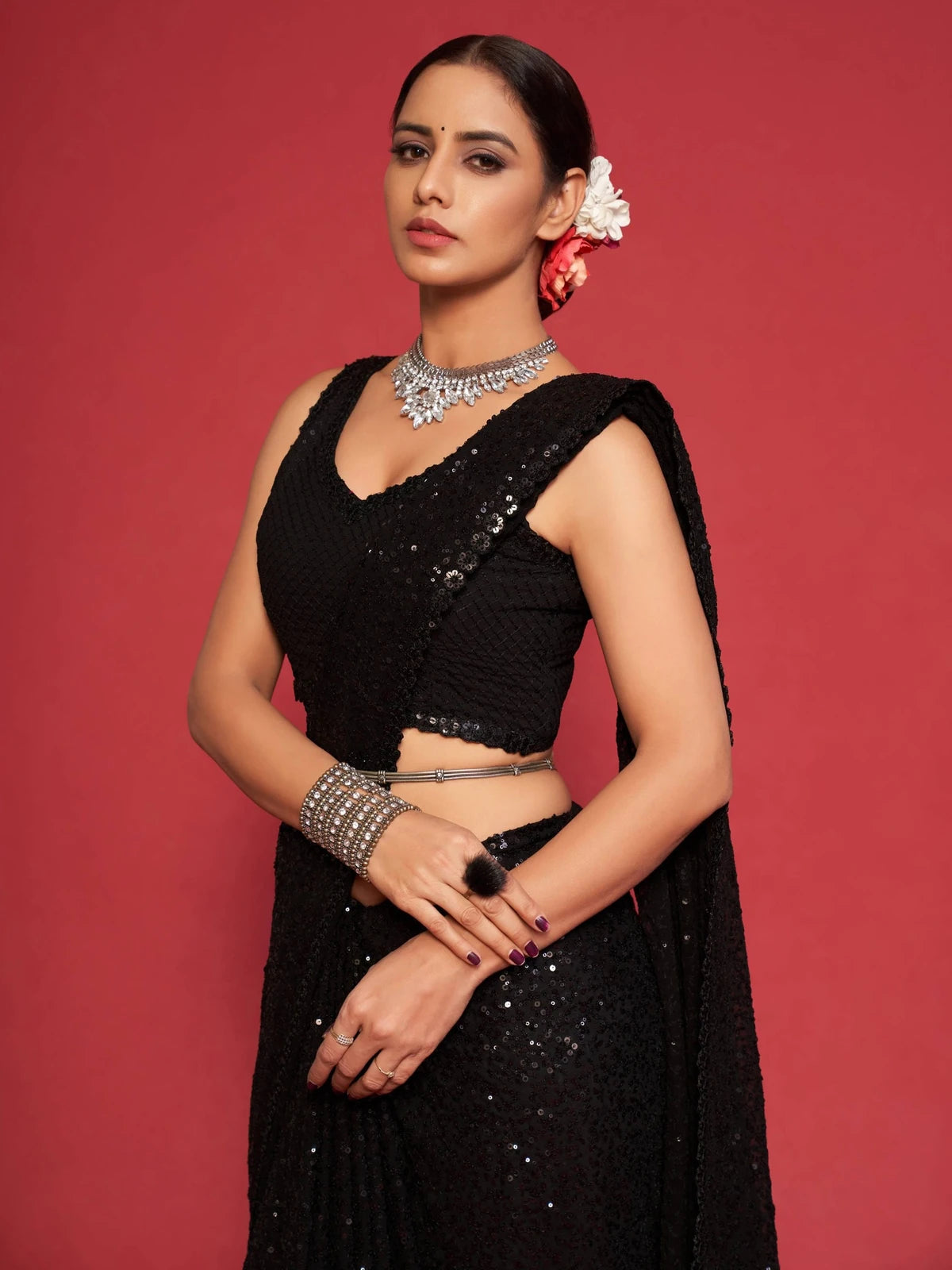 Tarani black georgette saree upper body view with embroidered designer blouse