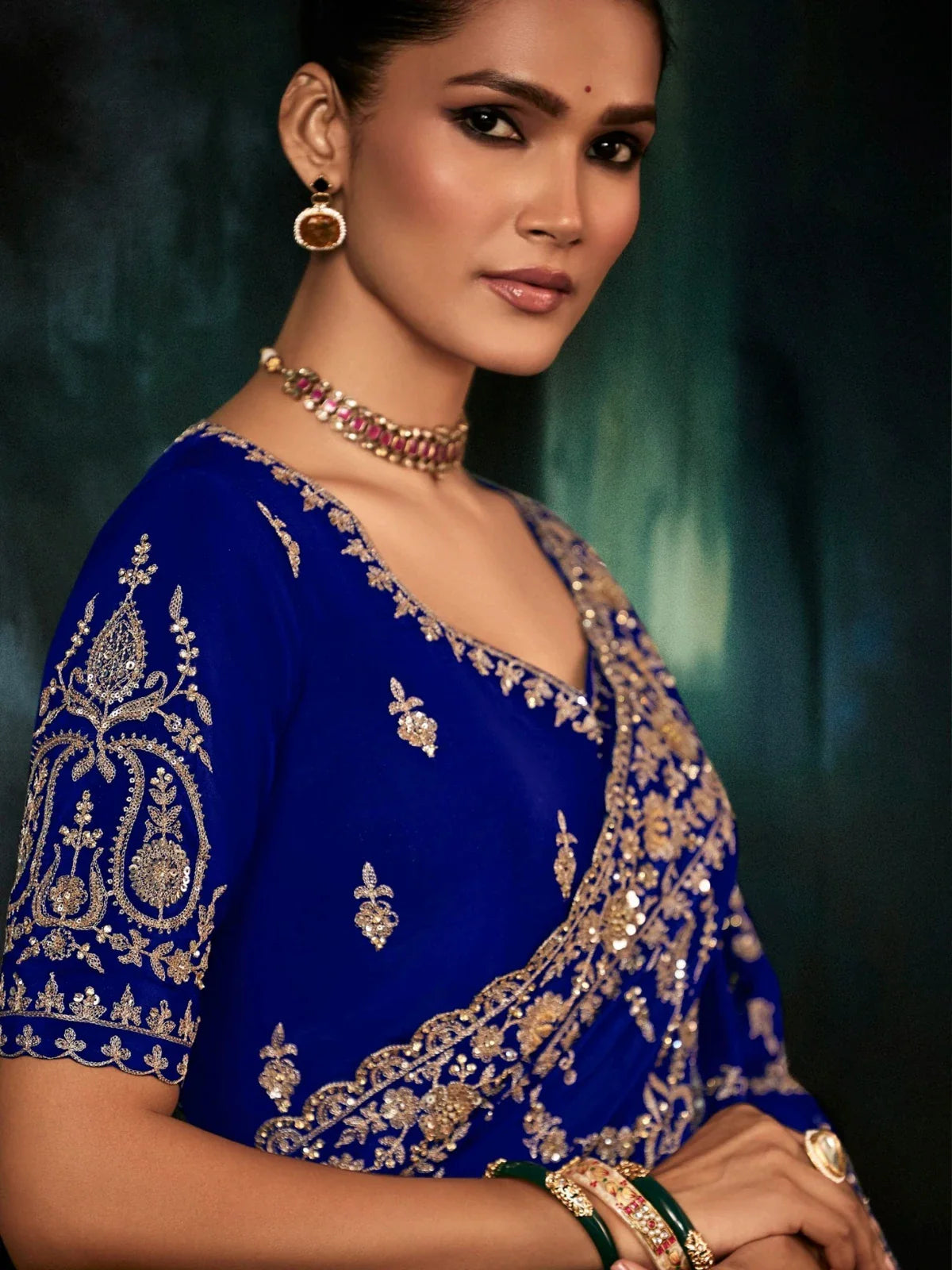 Tarani blue saree upper body view showing rich zari embroidery and matching jewellery styling