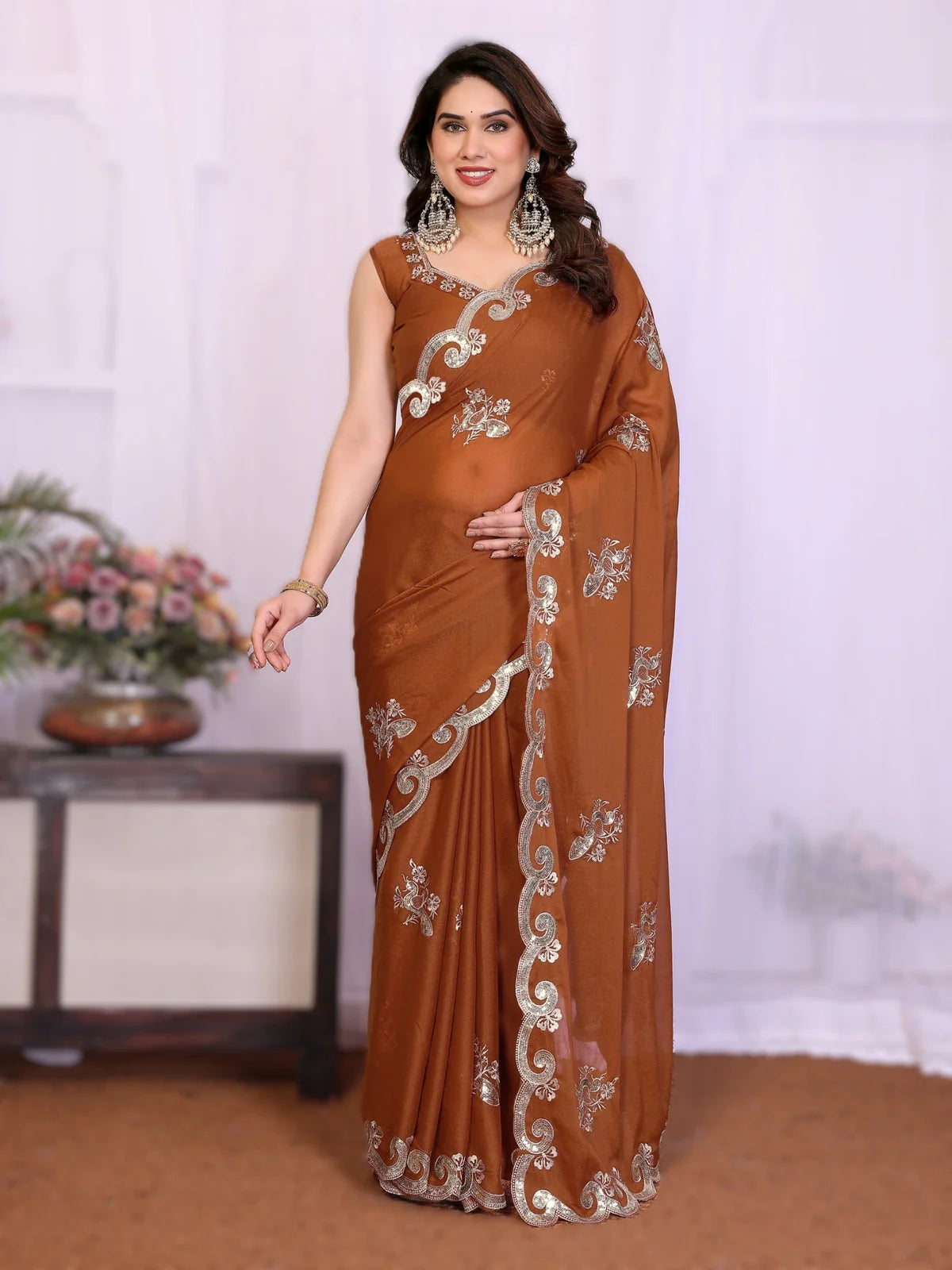 Tarani brown georgette saree with elegant embroidery and blouse piece full view