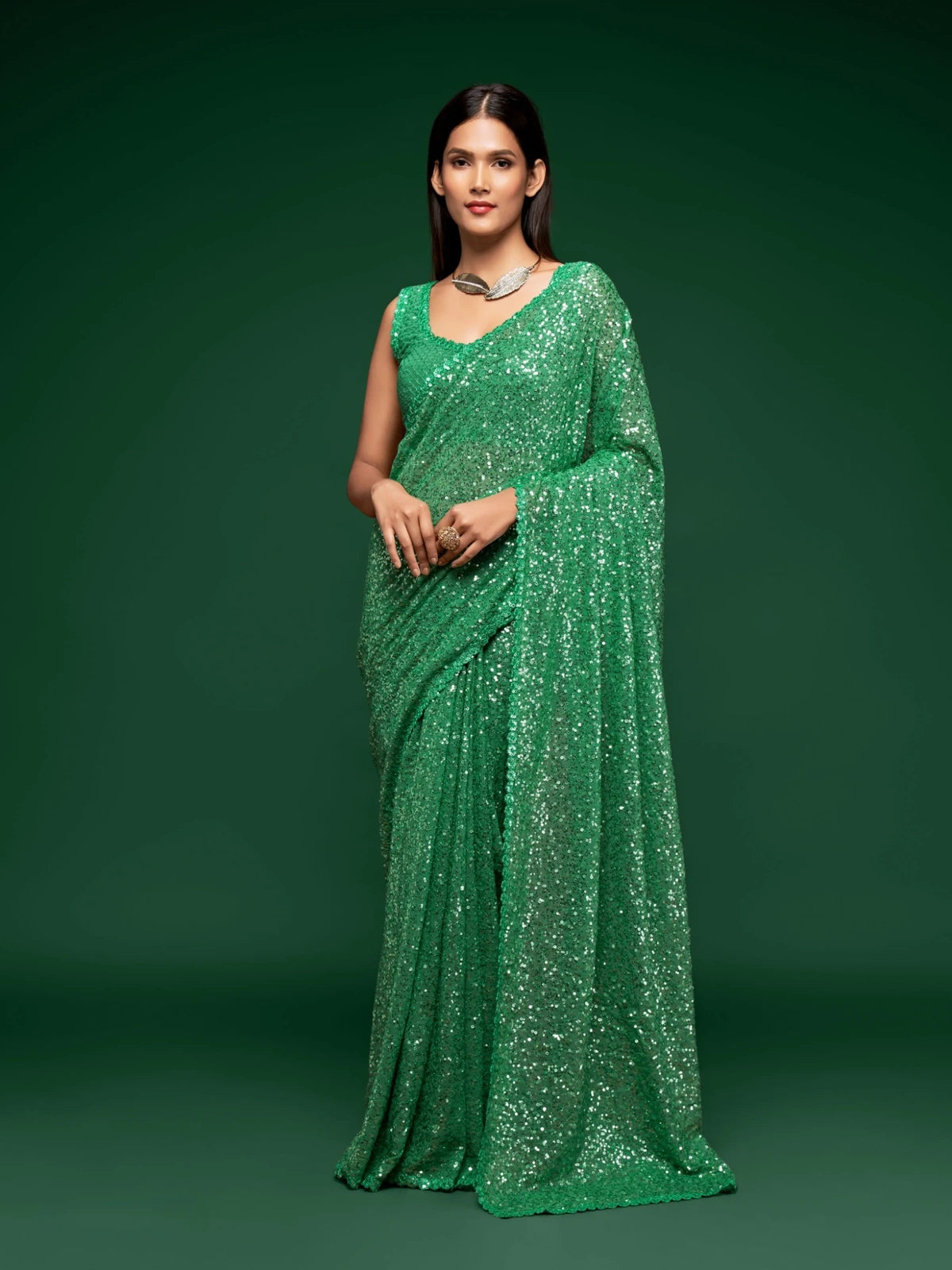 Tarani green georgette sequins saree full view for party and festive wear
