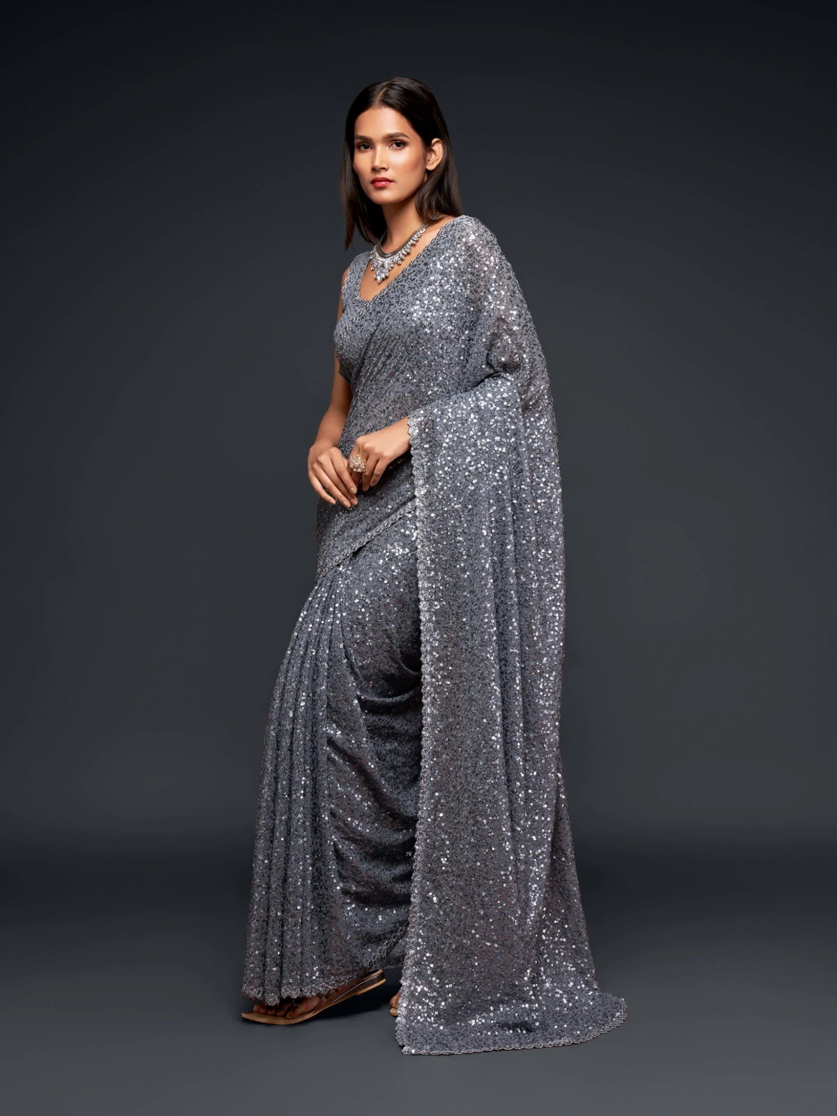 Tarani designer grey sequins saree side view for carnival and party occasions