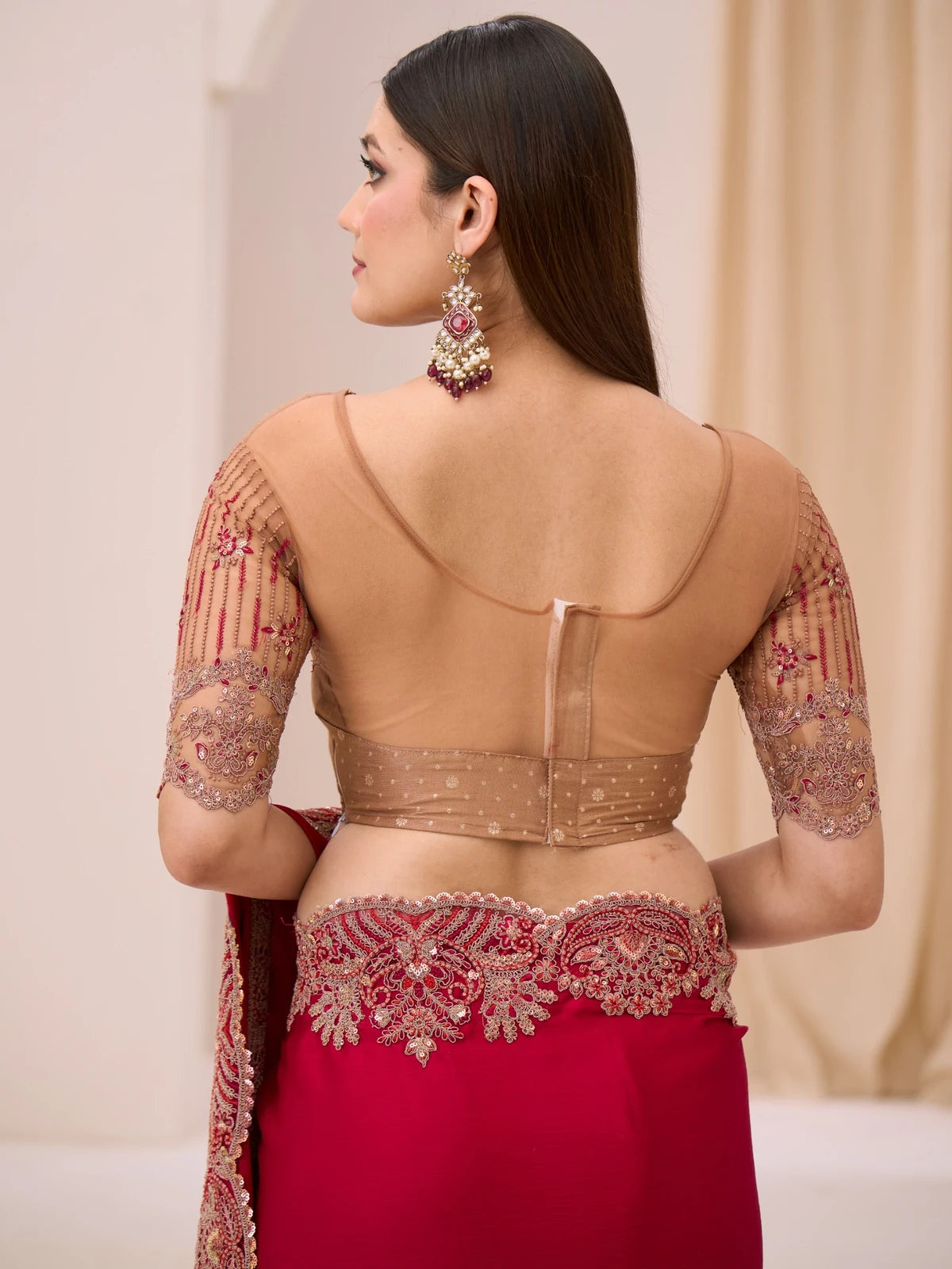 Tarani Kshanika saree back blouse view with embroidered sleeves and zari detailing