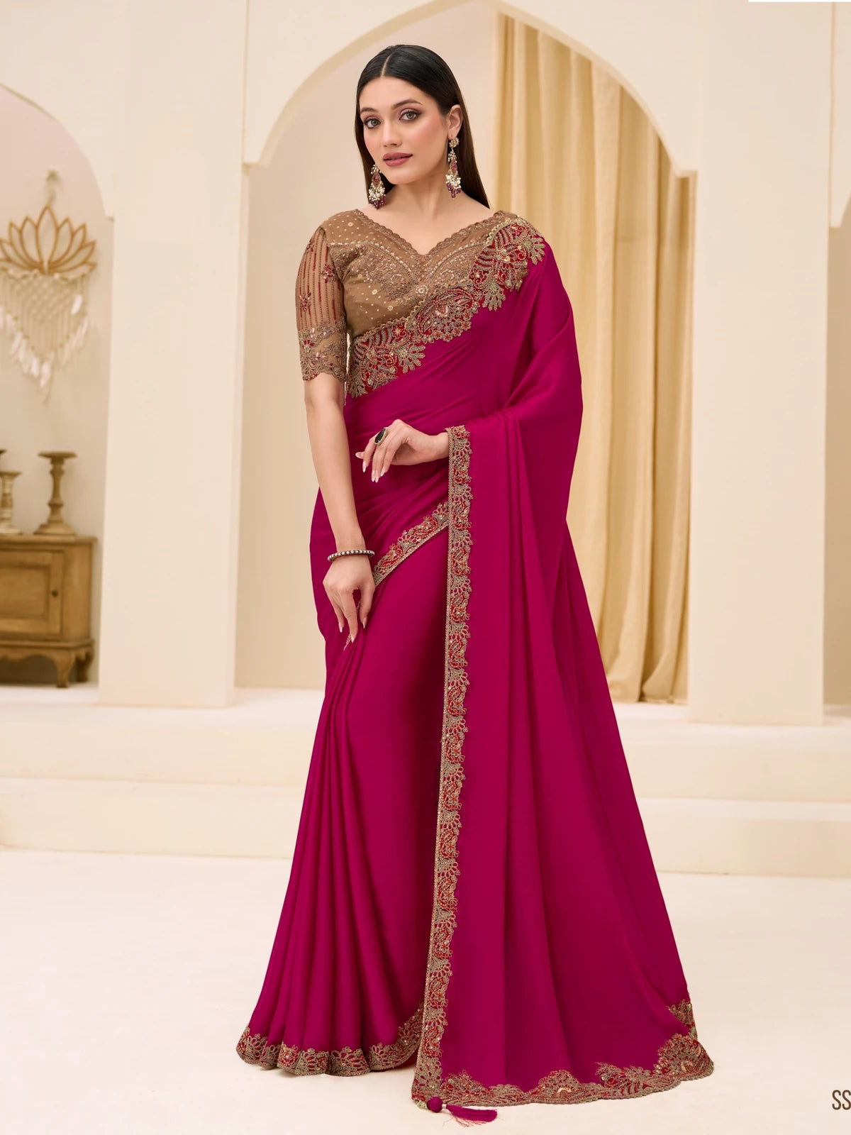 Tarani Kshanika cherry satin georgette saree in magenta with zari embroidery full view