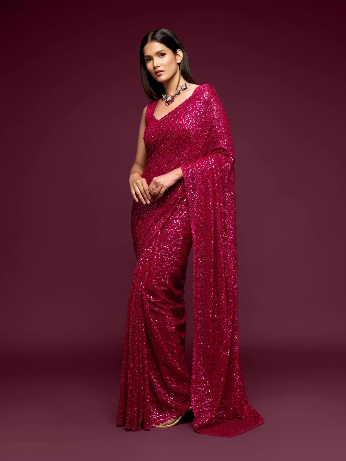 Tarani magenta georgette saree with sequins embroidery full view for party and festive wear