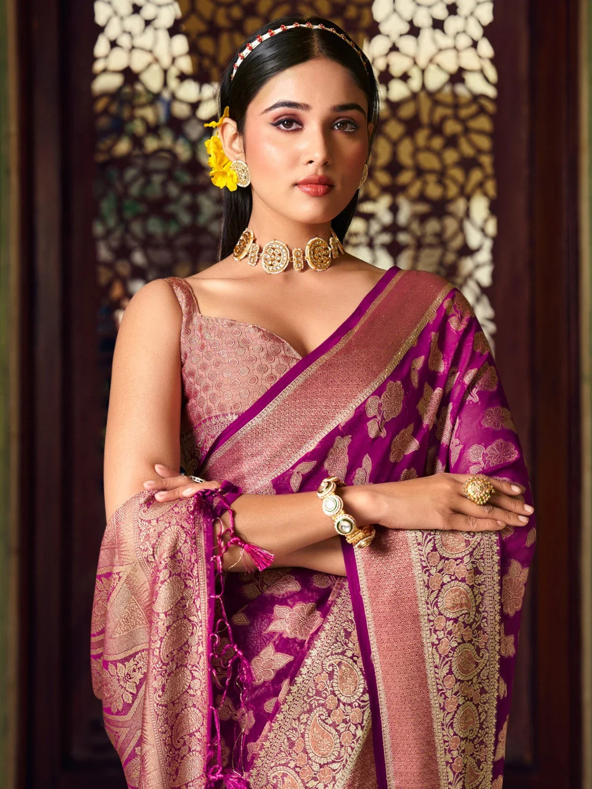 Tarani magenta georgette saree upper body view showing blouse and pallu design