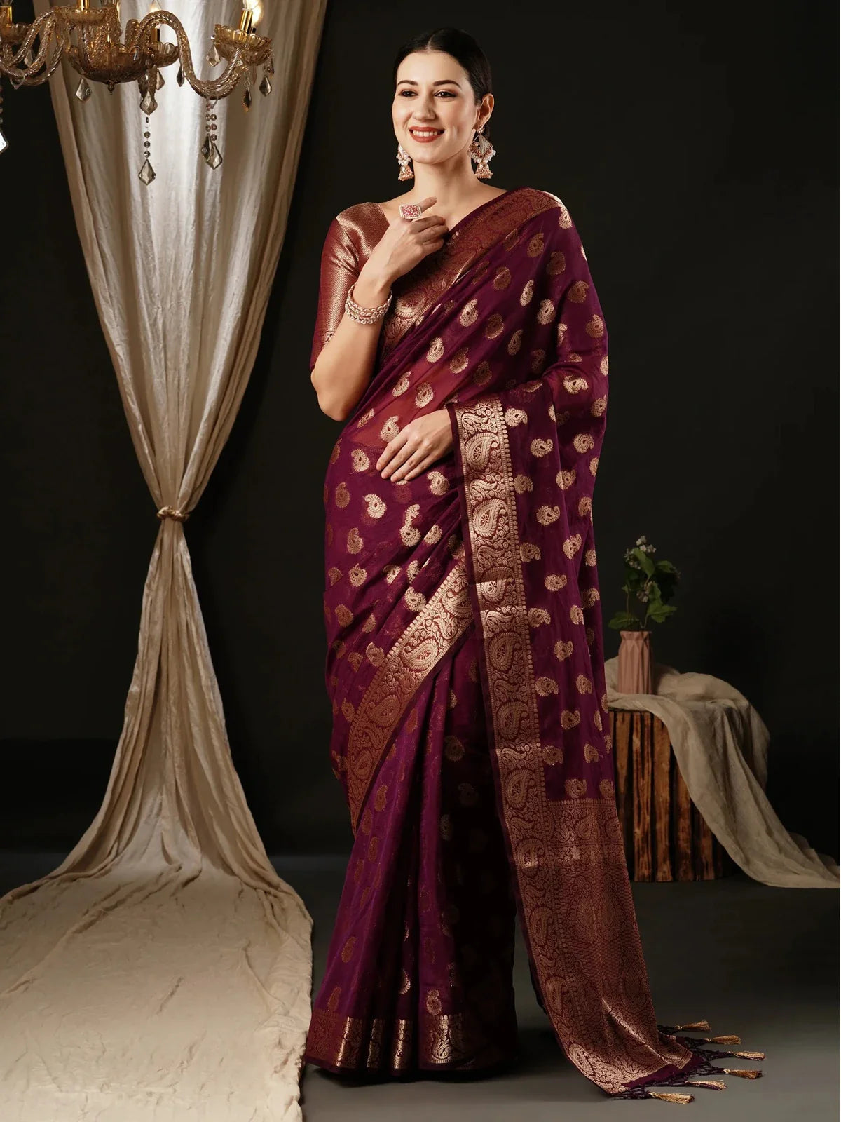 Tarani premium maroon georgette banarasi saree with zari work full view