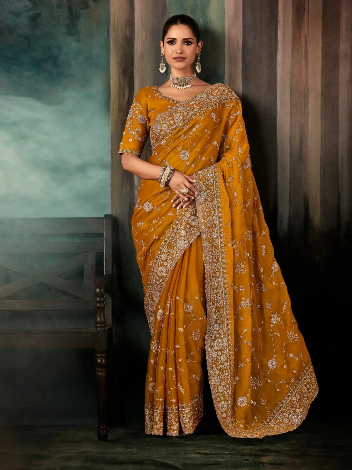 Tarani mustard georgette saree with floral embroidery and unstitched blouse for festive occasions