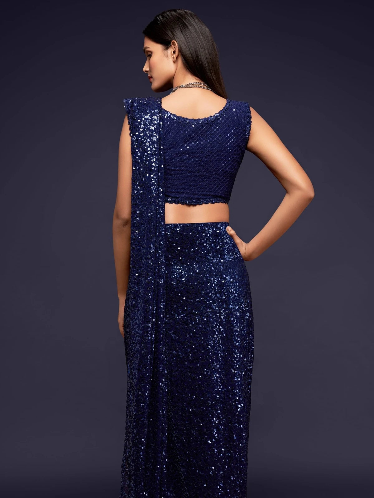 Tarani navy blue georgette saree back blouse view with thread and sequins embroidery details