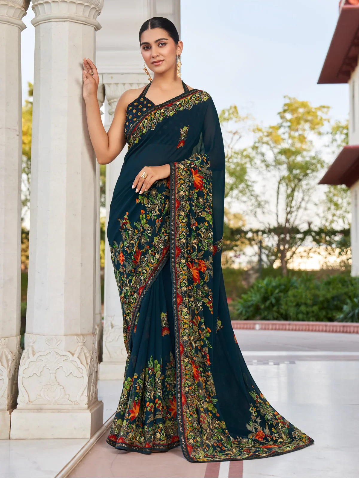 Tarani navy blue georgette saree with floral print and patch border full view