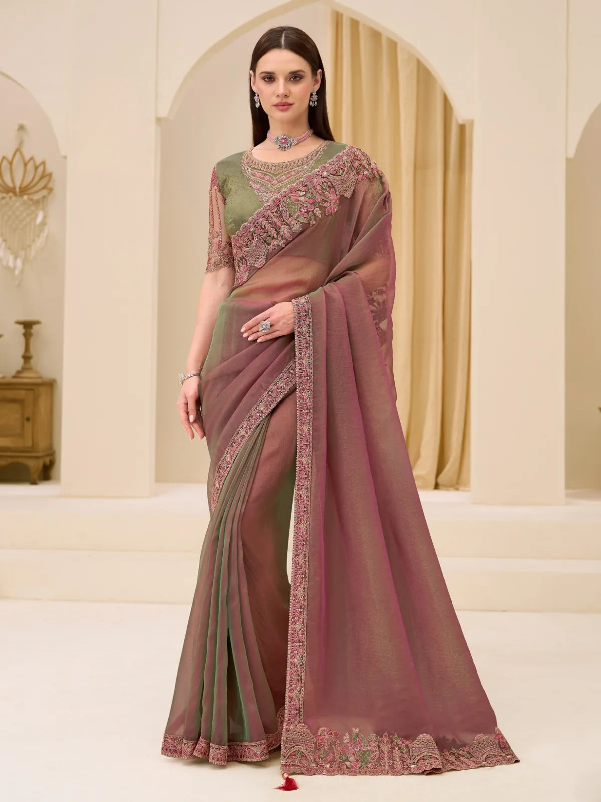 Tarani Dhanashree olive green dual shade georgette saree with embroidery zari work full view