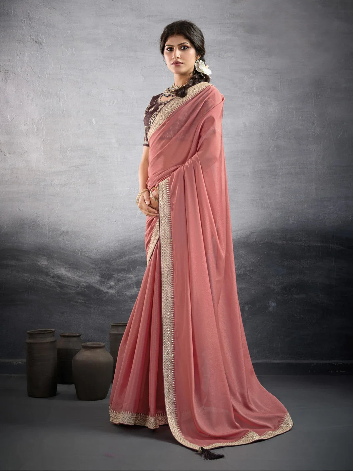 Tarani peach georgette saree with heavy border and embroidered blouse full view