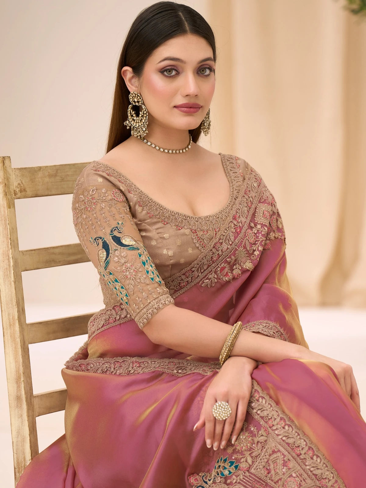 Tarani Pallavika pink tissue georgette saree front pose showing embroidery details