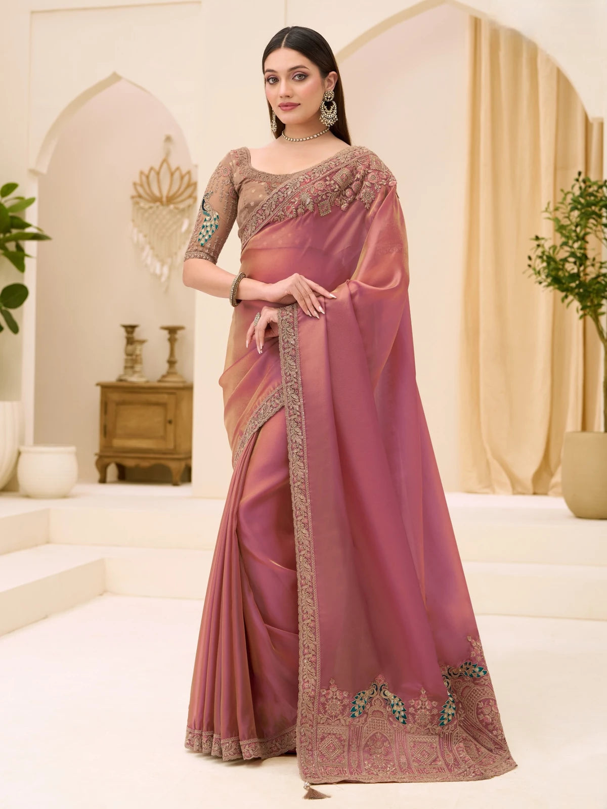Tarani Pallavika pink tissue georgette saree with embroidery zari border full view