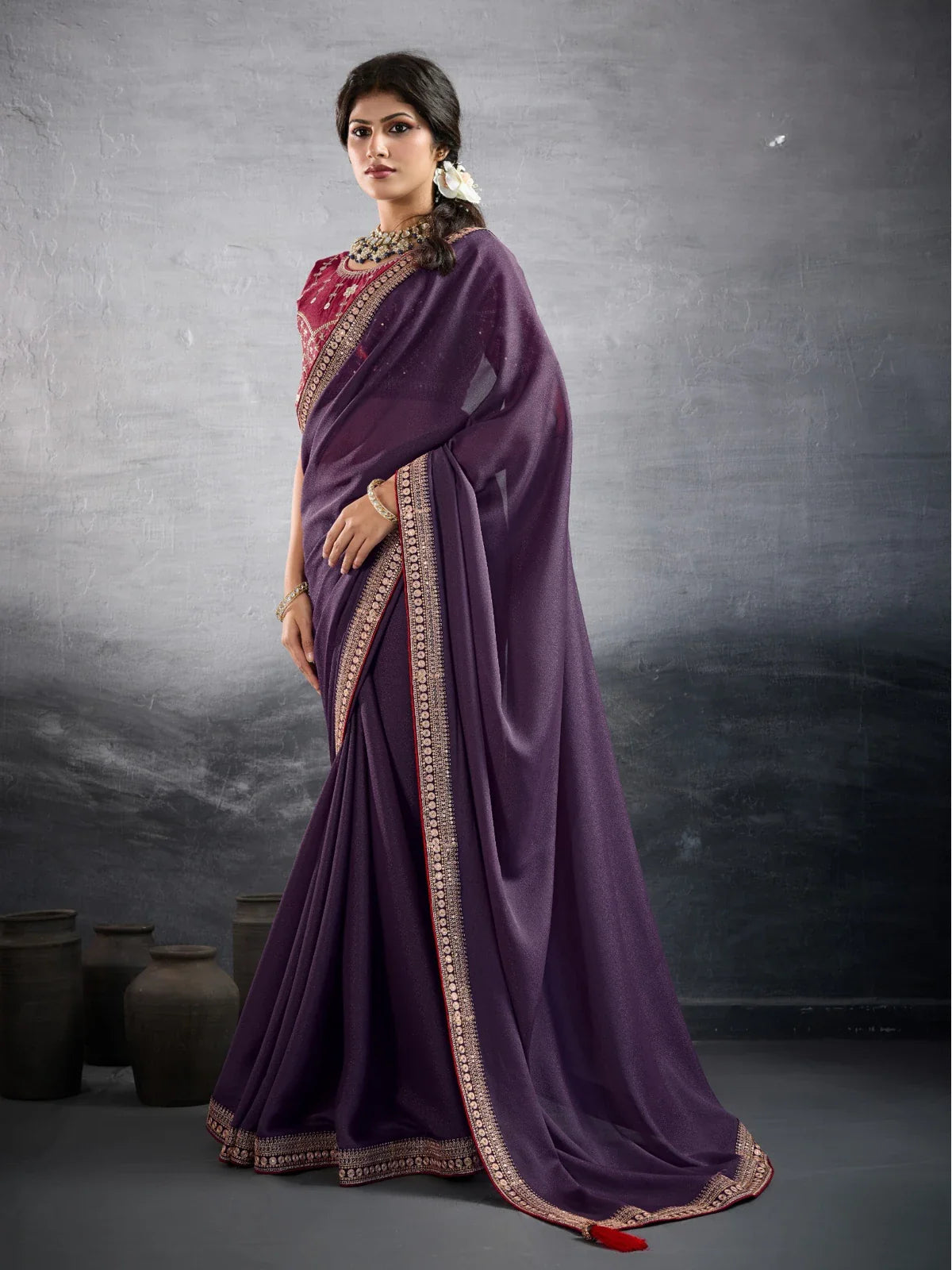 Tarani premium purple georgette saree with embroidered border and silk blouse for festive wear