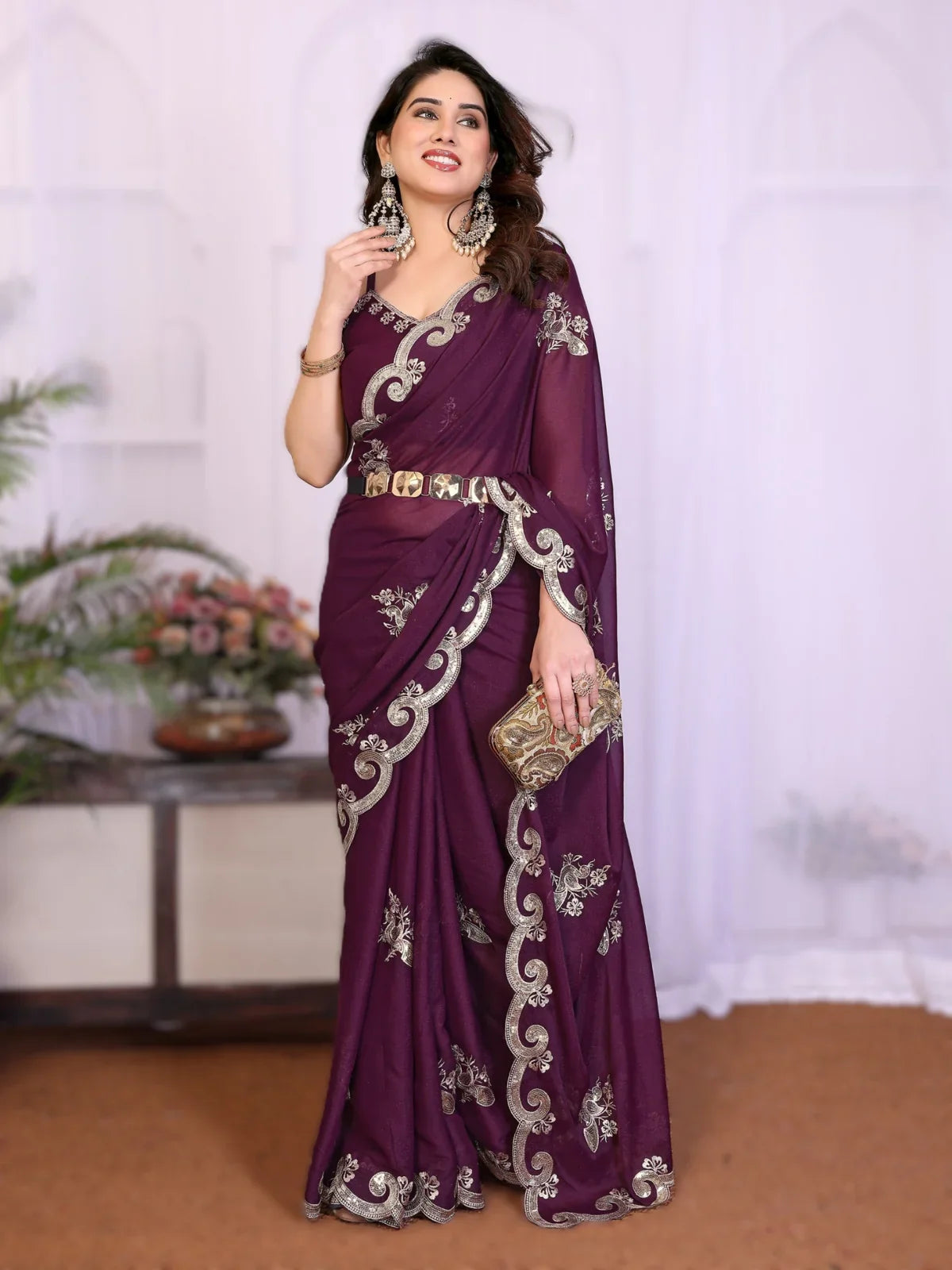 Tarani purple georgette saree with silver embroidery and full front view