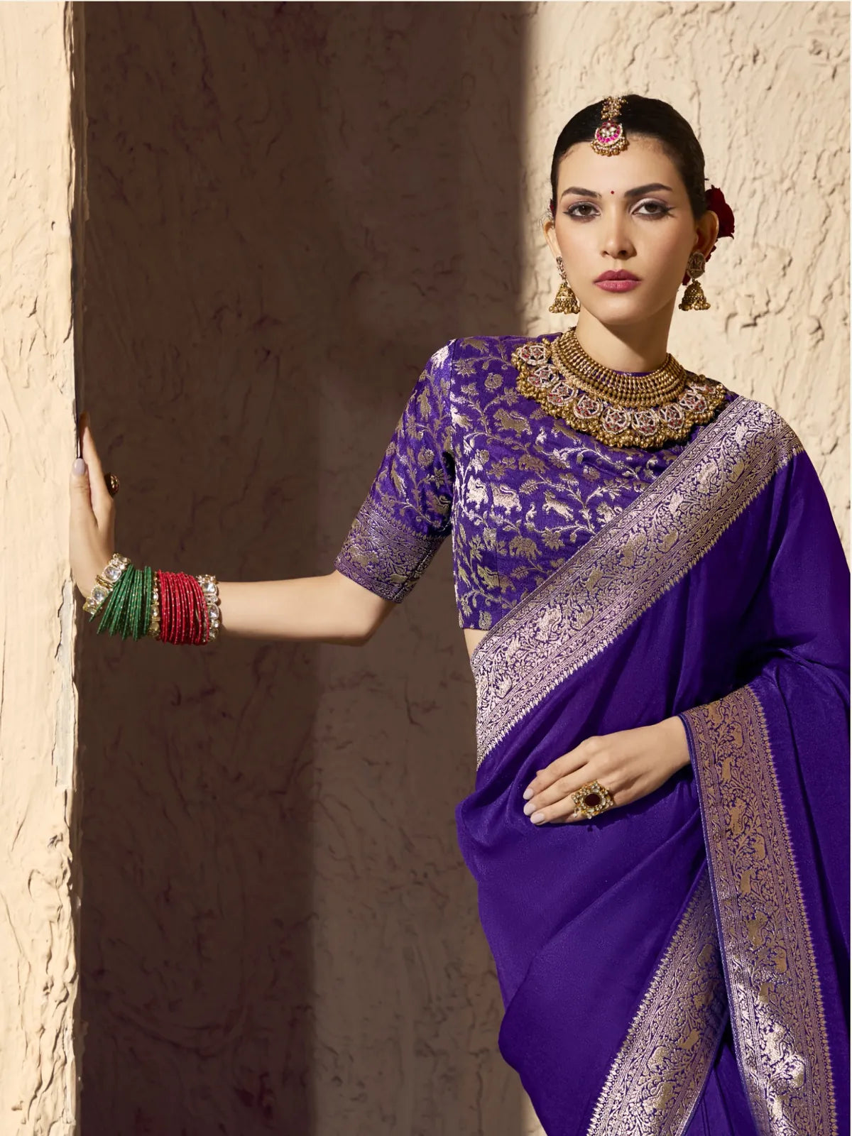 Tarani festive purple saree upper body blouse design with zari work
