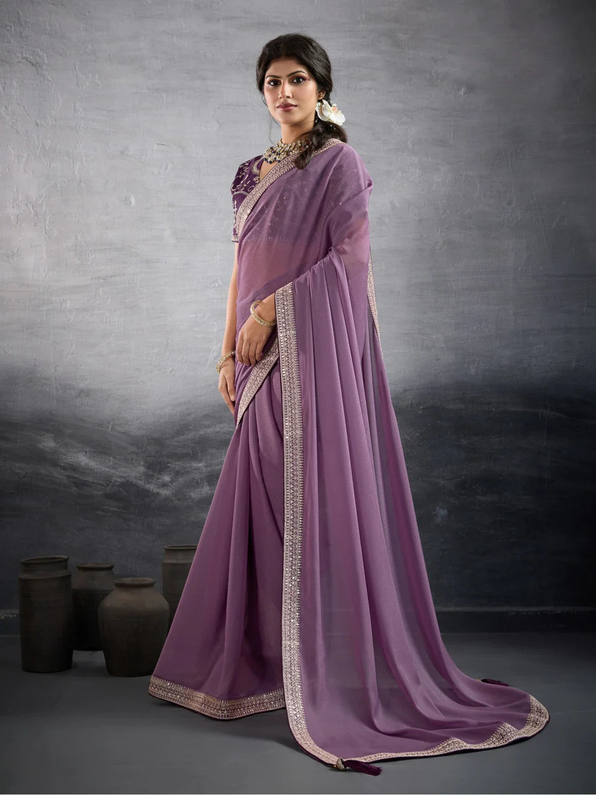 Tarani purple georgette saree with embroidered blouse full view
