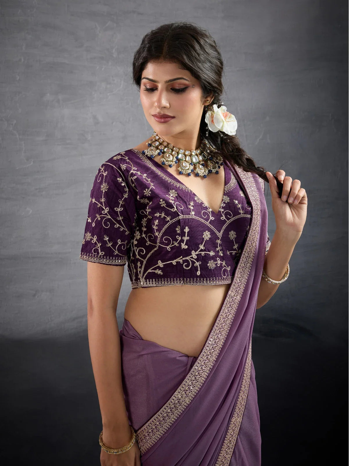 Tarani purple georgette saree upper body look with embroidery details