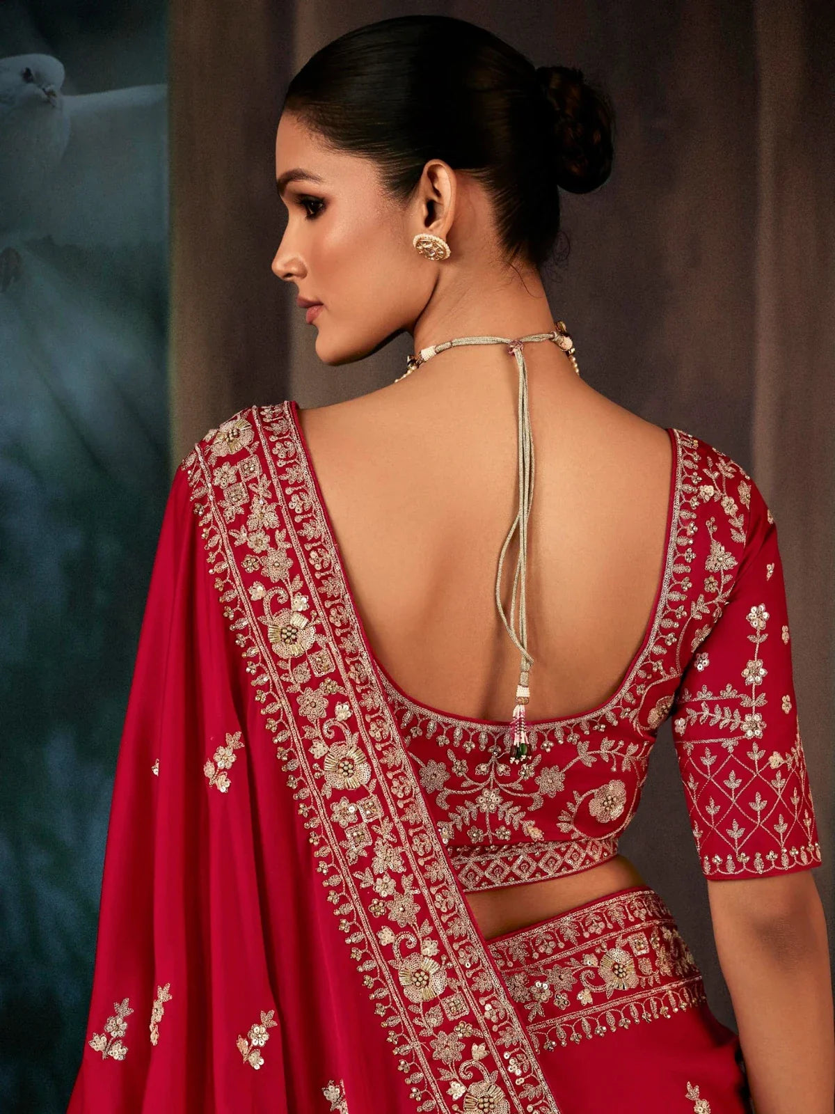 Tarani aishwita Red Georgette saree drape detail view for festive party and wedding wear