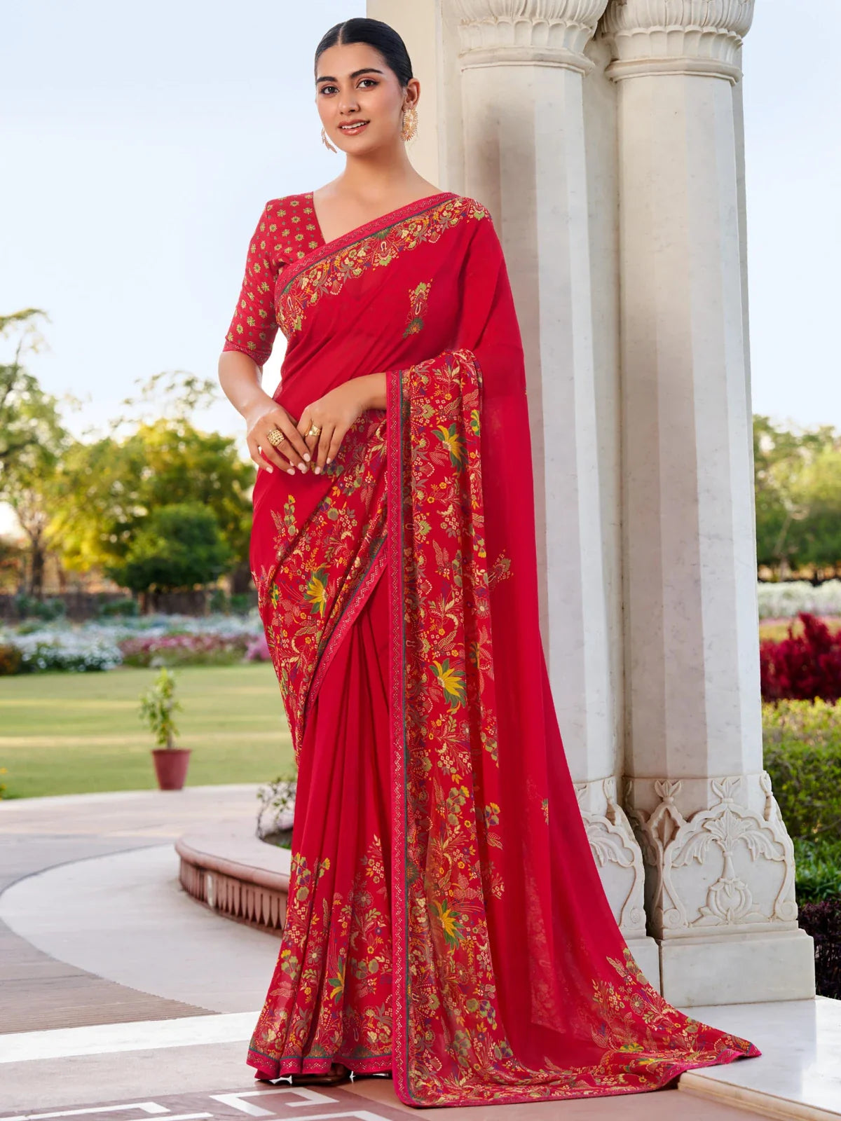 Tarani red georgette saree with floral print and patch border full view