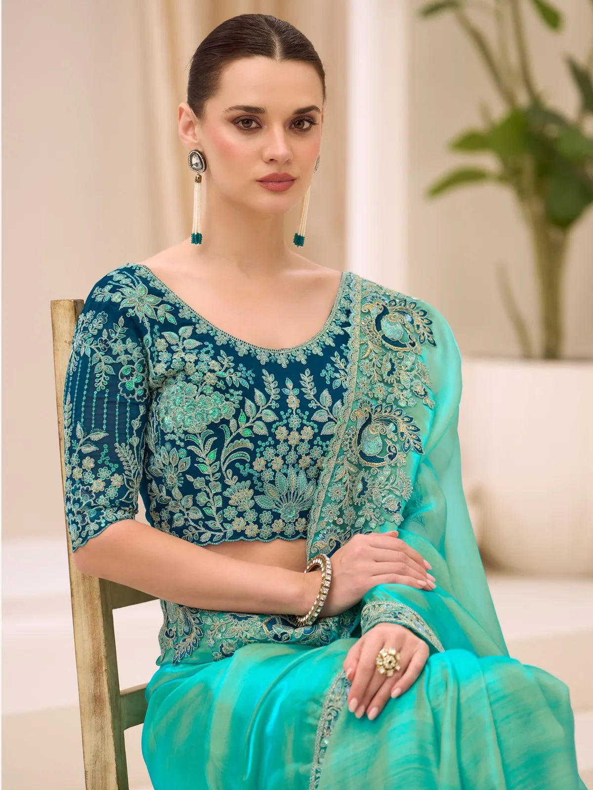 Tarani teal blue tissue georgette saree front embroidery detail view Arshiya