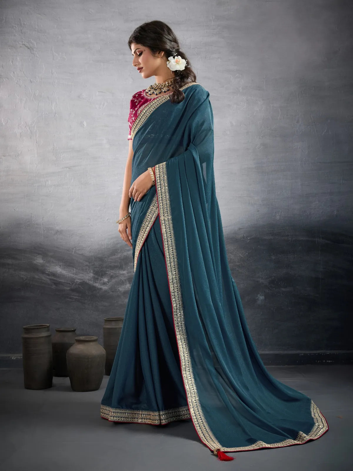 Tarani premium teal georgette saree with heavy embroidered border full view