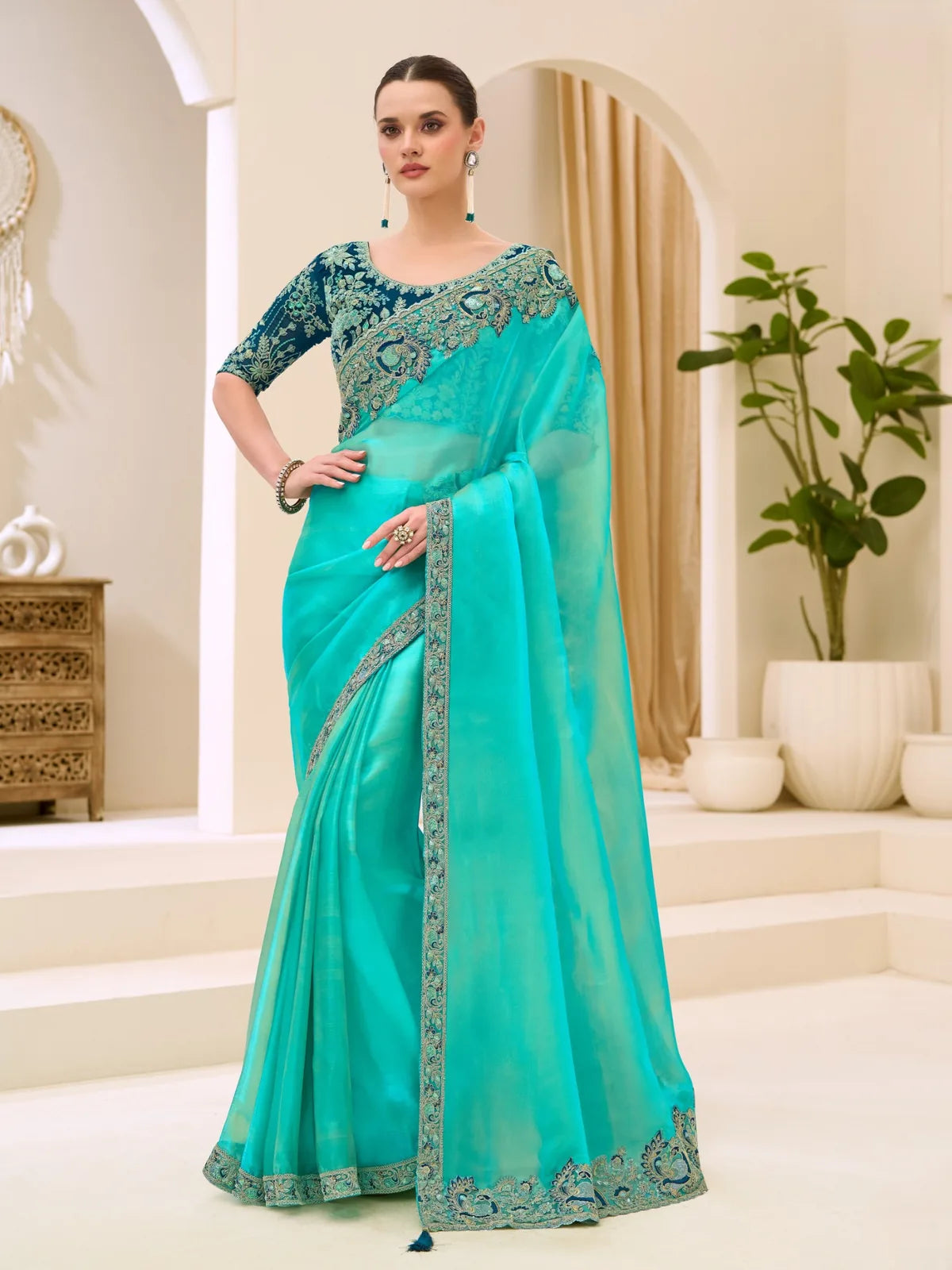 Tarani teal blue tissue georgette saree with embroidered blouse full view Arshiya