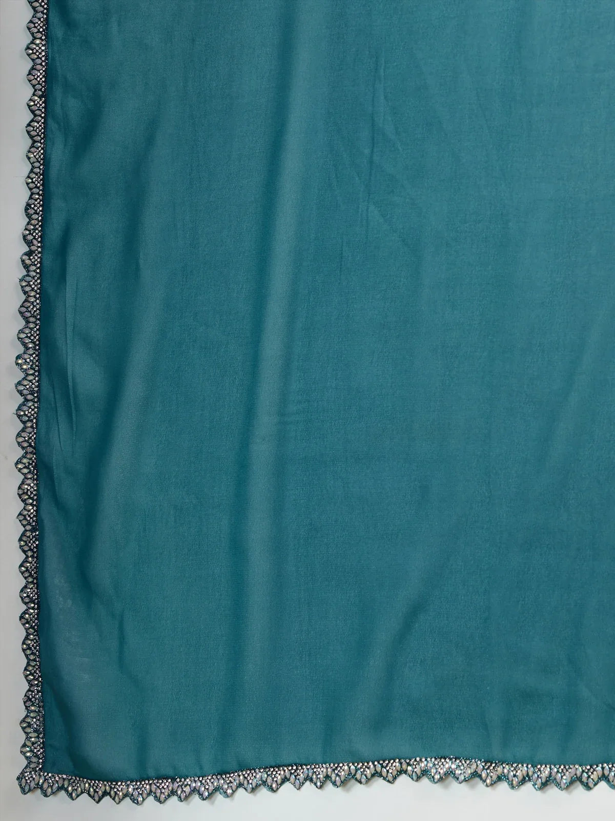 Tarani teal georgette saree pallu and lace border detailed view