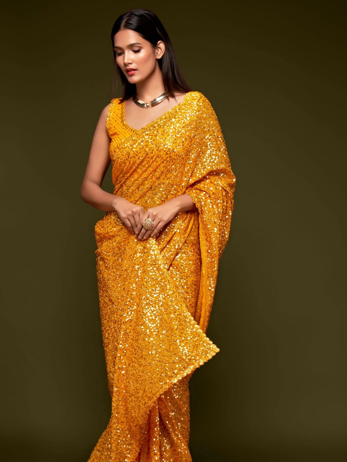 Tarani yellow georgette saree front view designer festive wear look for women