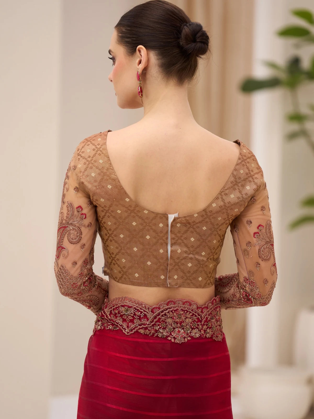 Tarani Prema saree back blouse view with embroidered sleeves and back neckline detailing