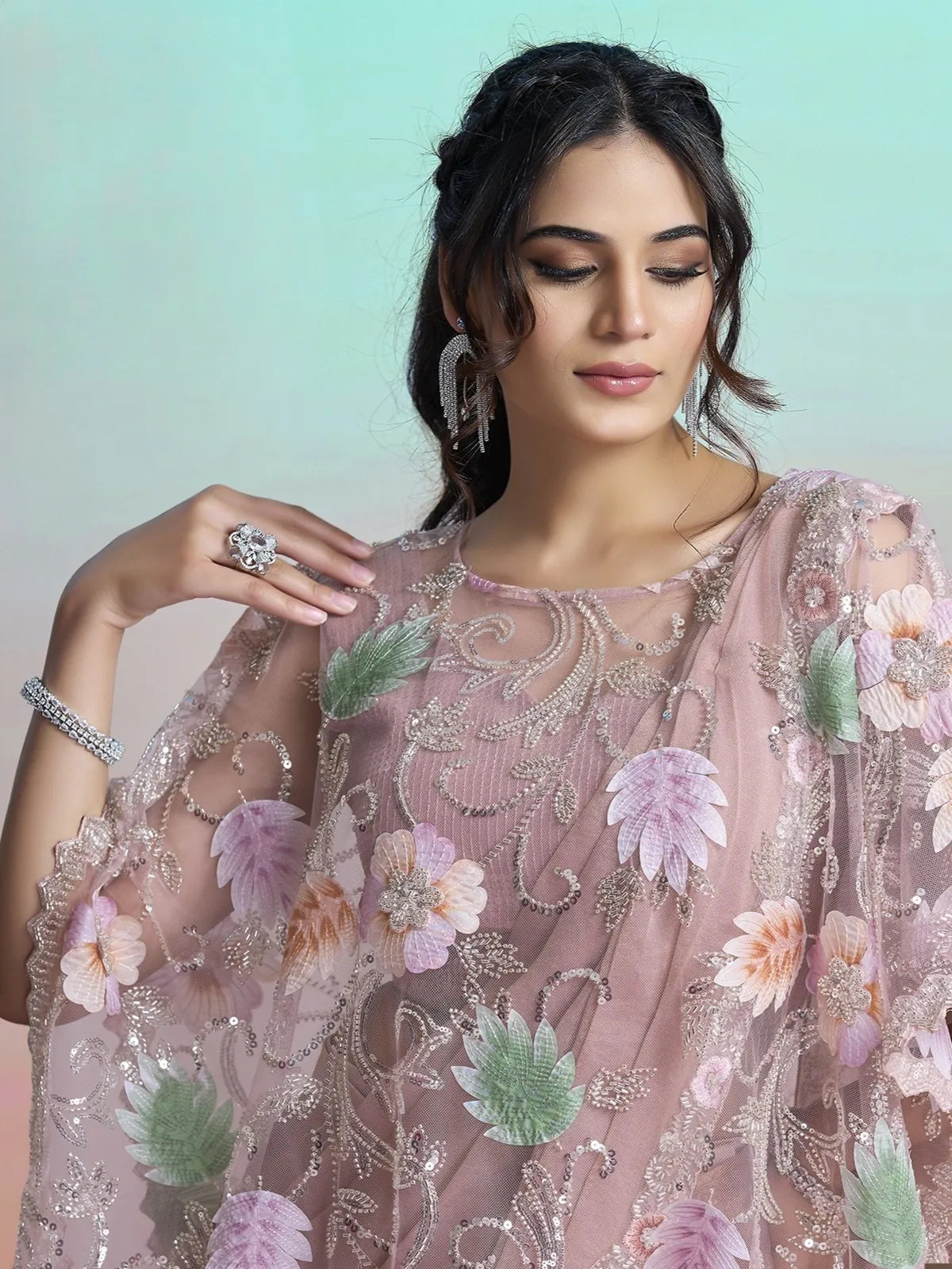 Tarani Mahima pink Georgette Satin saree closeup with floral applique sequin bead detailing