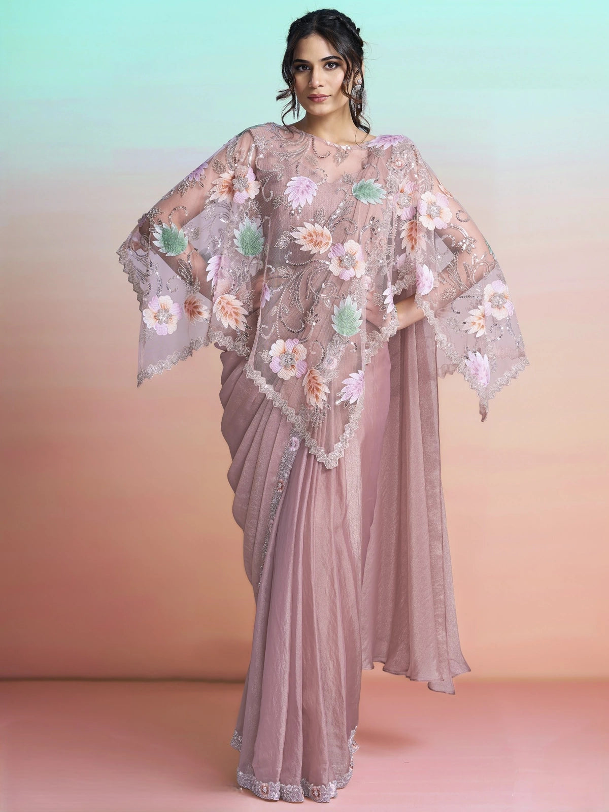 Tarani Mahima pink Georgette Satin ready to wear saree full view with floral applique poncho