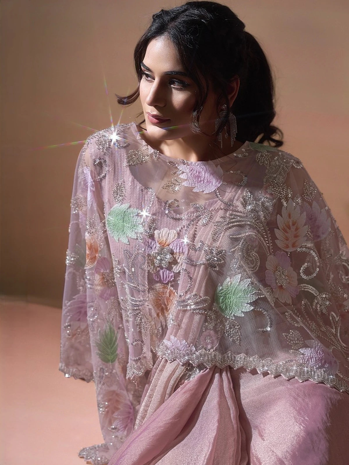 Tarani Mahima pink Georgette Satin ready to wear saree side view with embellished blouse poncho