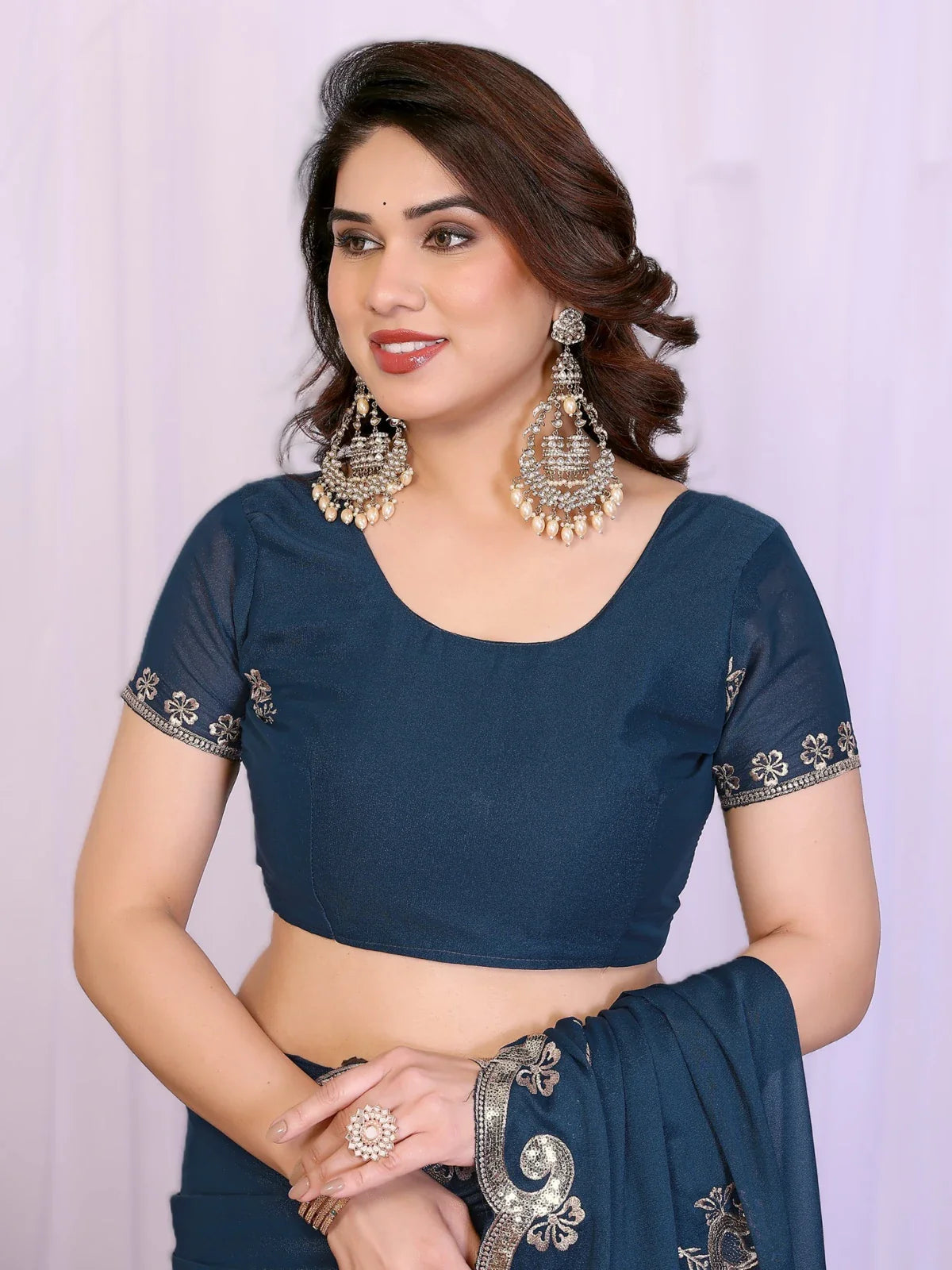 Tarani georgette silk saree navy blue upper body view with short sleeve embroidered blouse