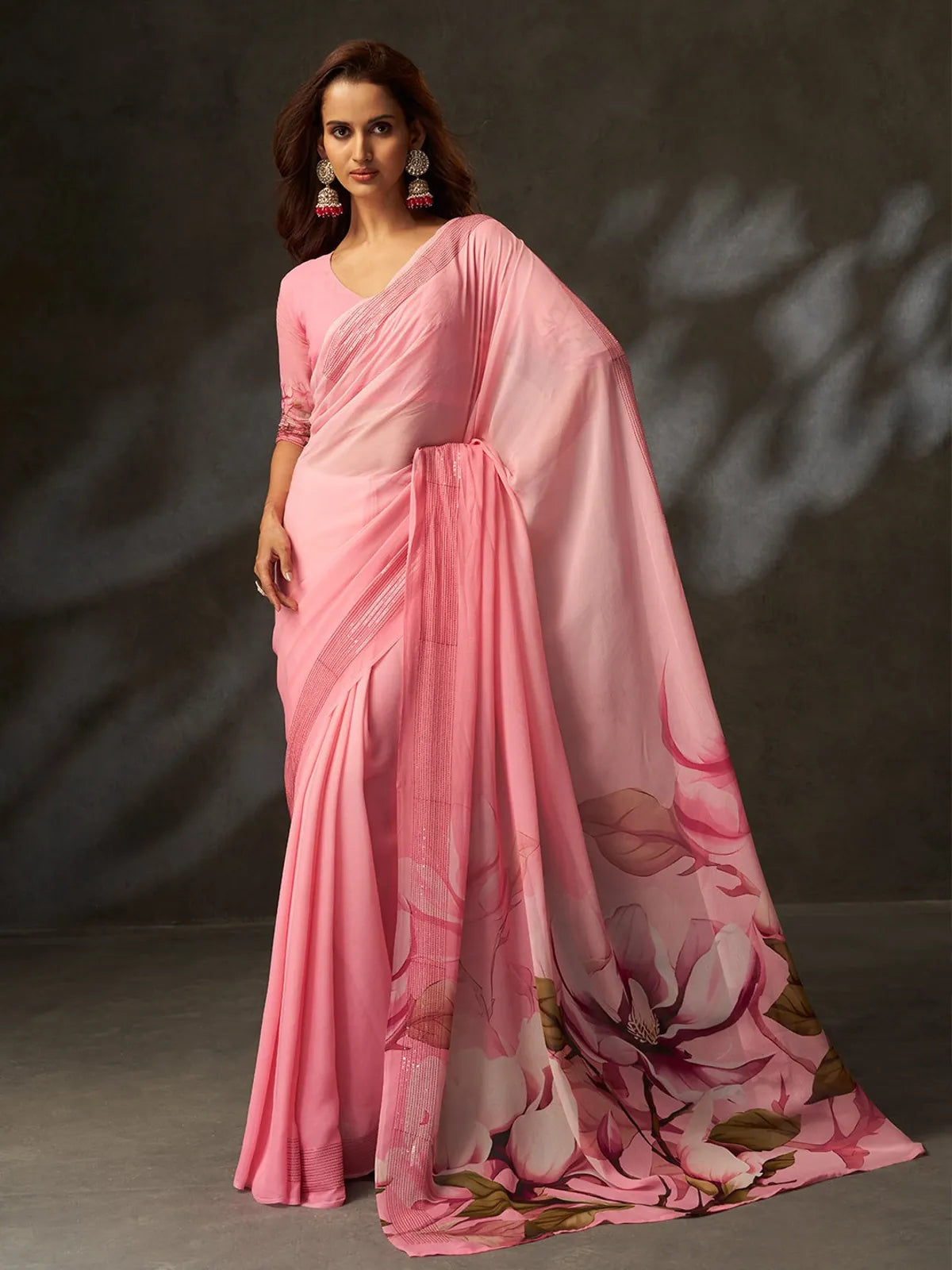 Tarani pink georgette silk saree with floral pallu and embroidered blouse front view