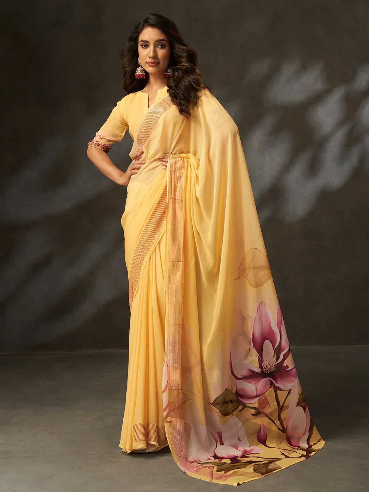 Tarani yellow georgette silk saree full view with floral pallu and blouse piece