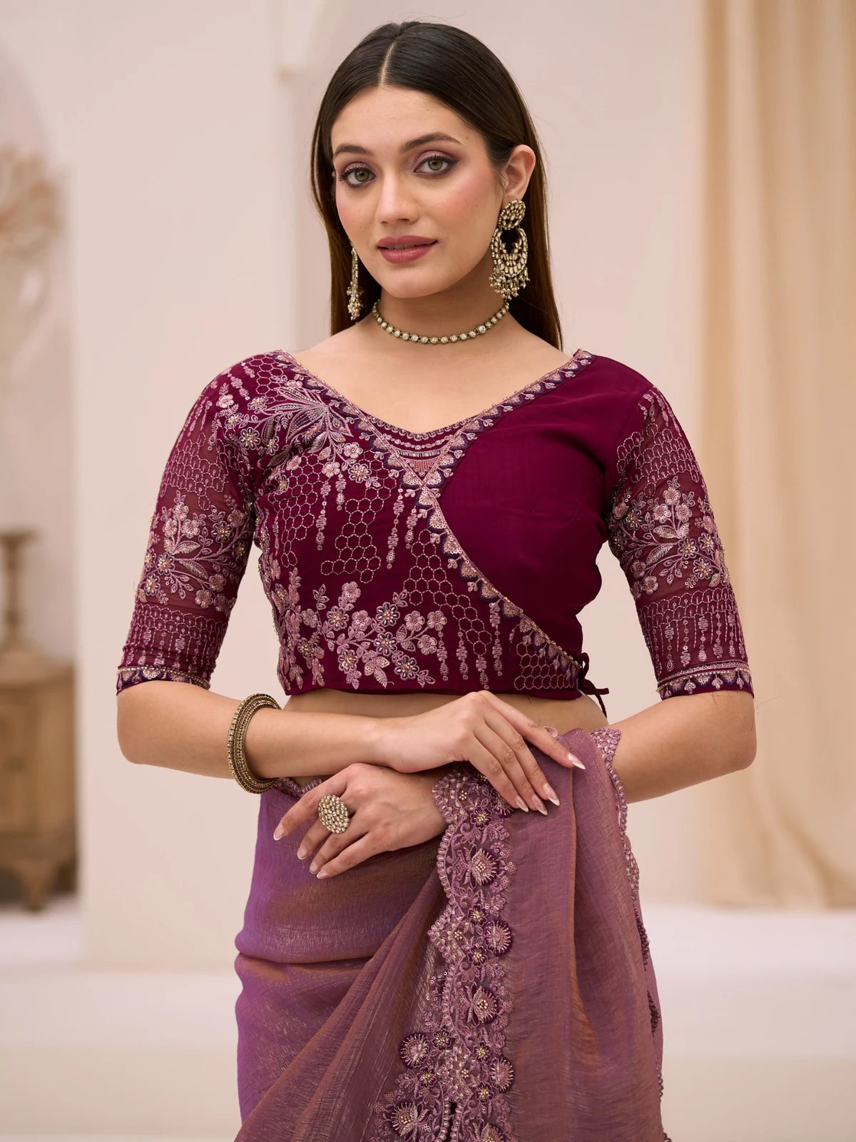 Tarani Meher purple dual shade georgette tissue saree upper body embroidery blouse detail