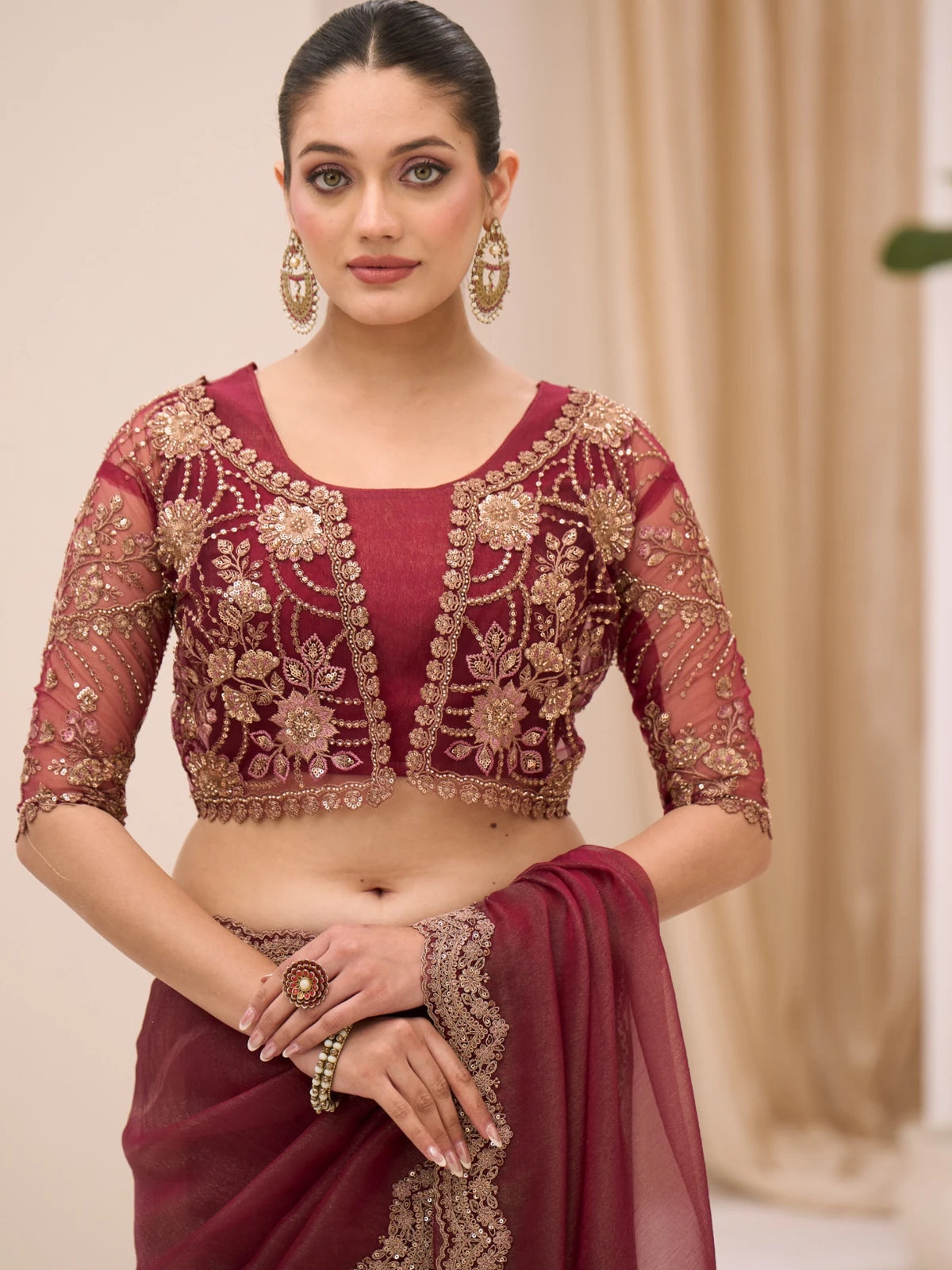Tarani Yoshita embroidered georgette jacket style blouse close blouse view for saree
