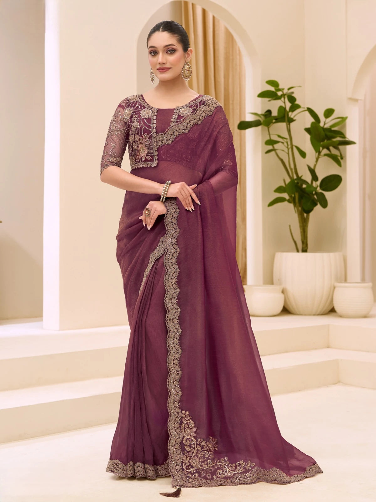 Tarani Yoshita wine georgette tissue saree full view with embroidered border and designer blouse