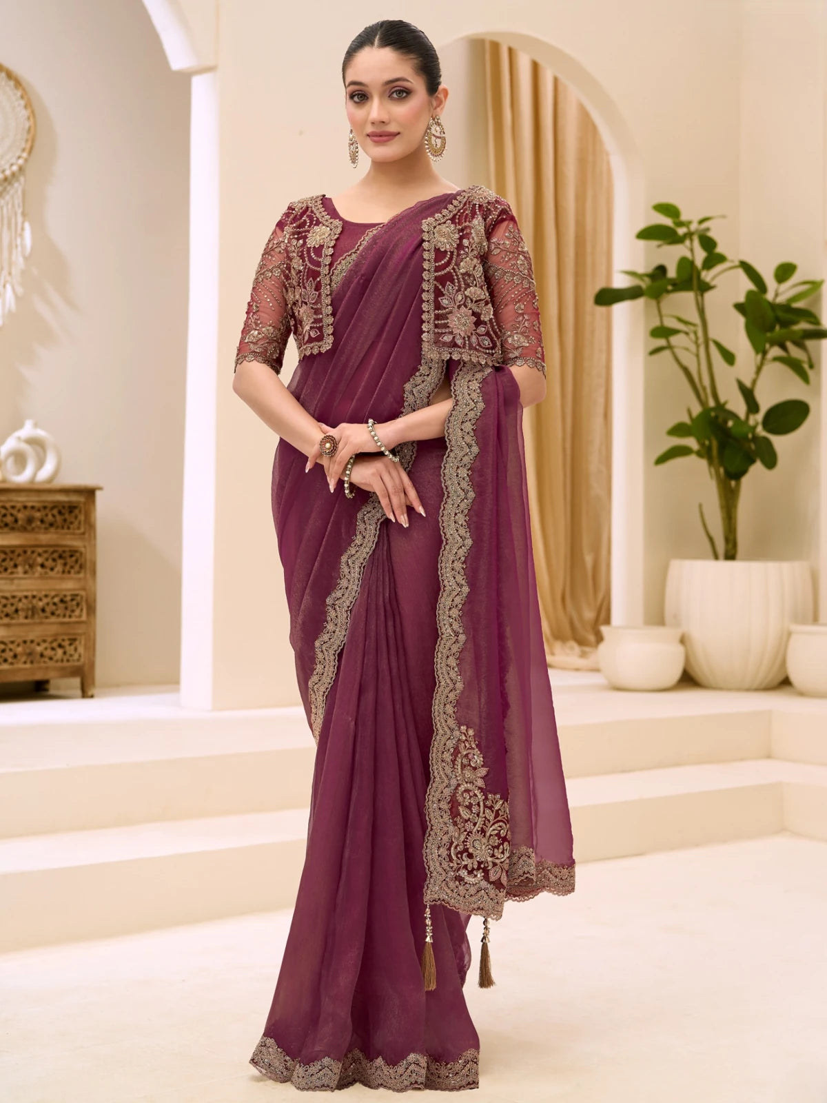 Tarani Yoshita wine georgette tissue saree front full view for festive and party wear
