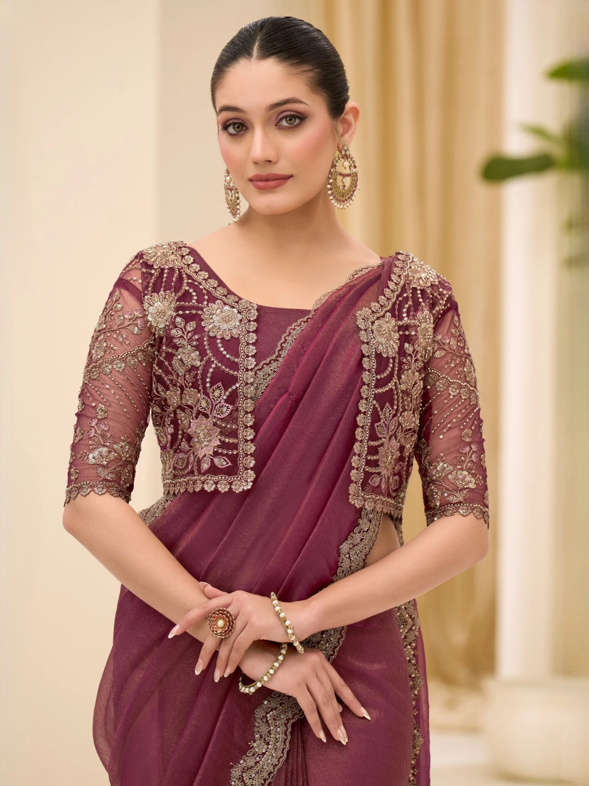 Tarani Yoshita elegant saree upper body view with embroidered jacket style blouse