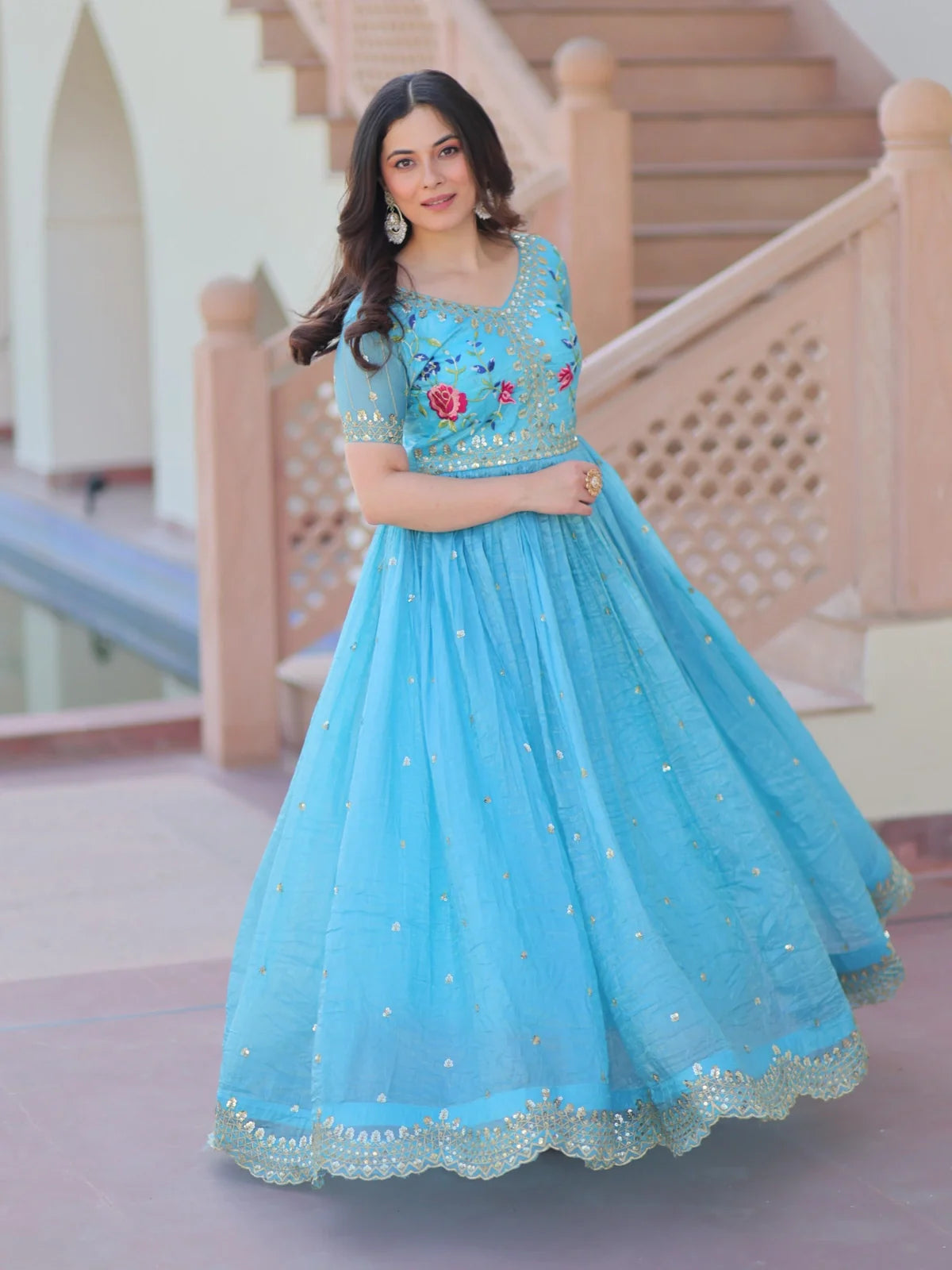 Tarani blue gold crush gown full view with 3.5 meter flair perfect for ceremonial and festive occasions