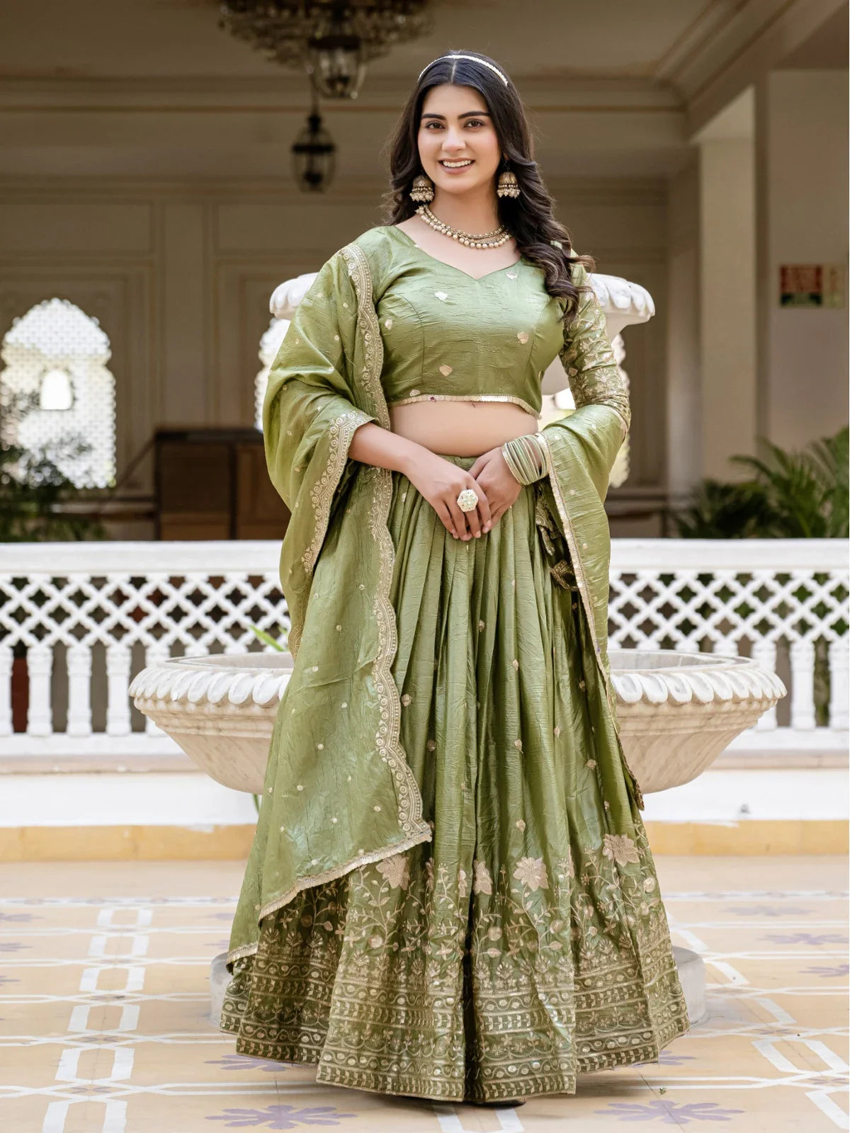 Tarani premium green gold crush lehenga full view with embroidered dupatta