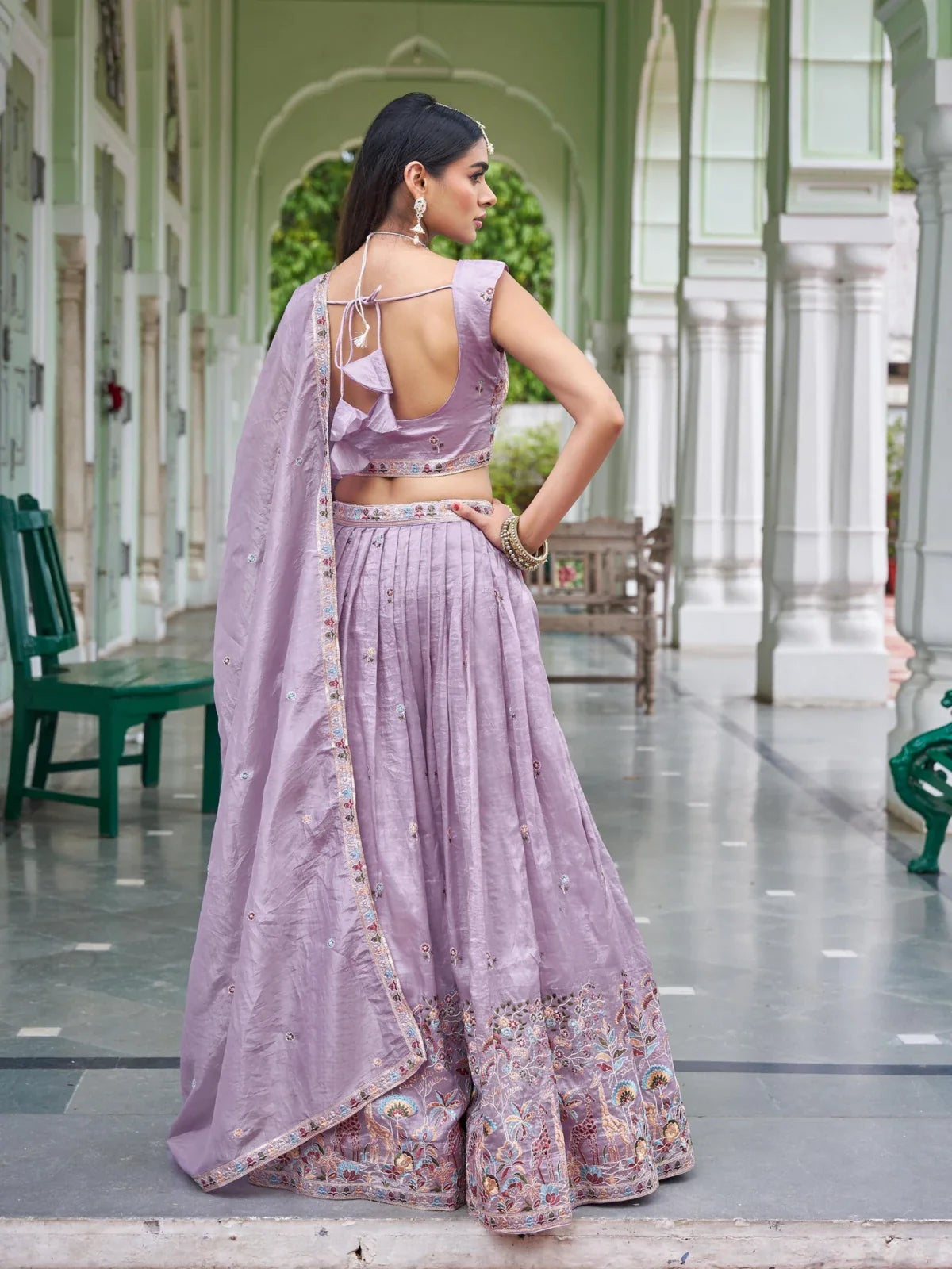 Tarani lavender gold crush lehenga with back view